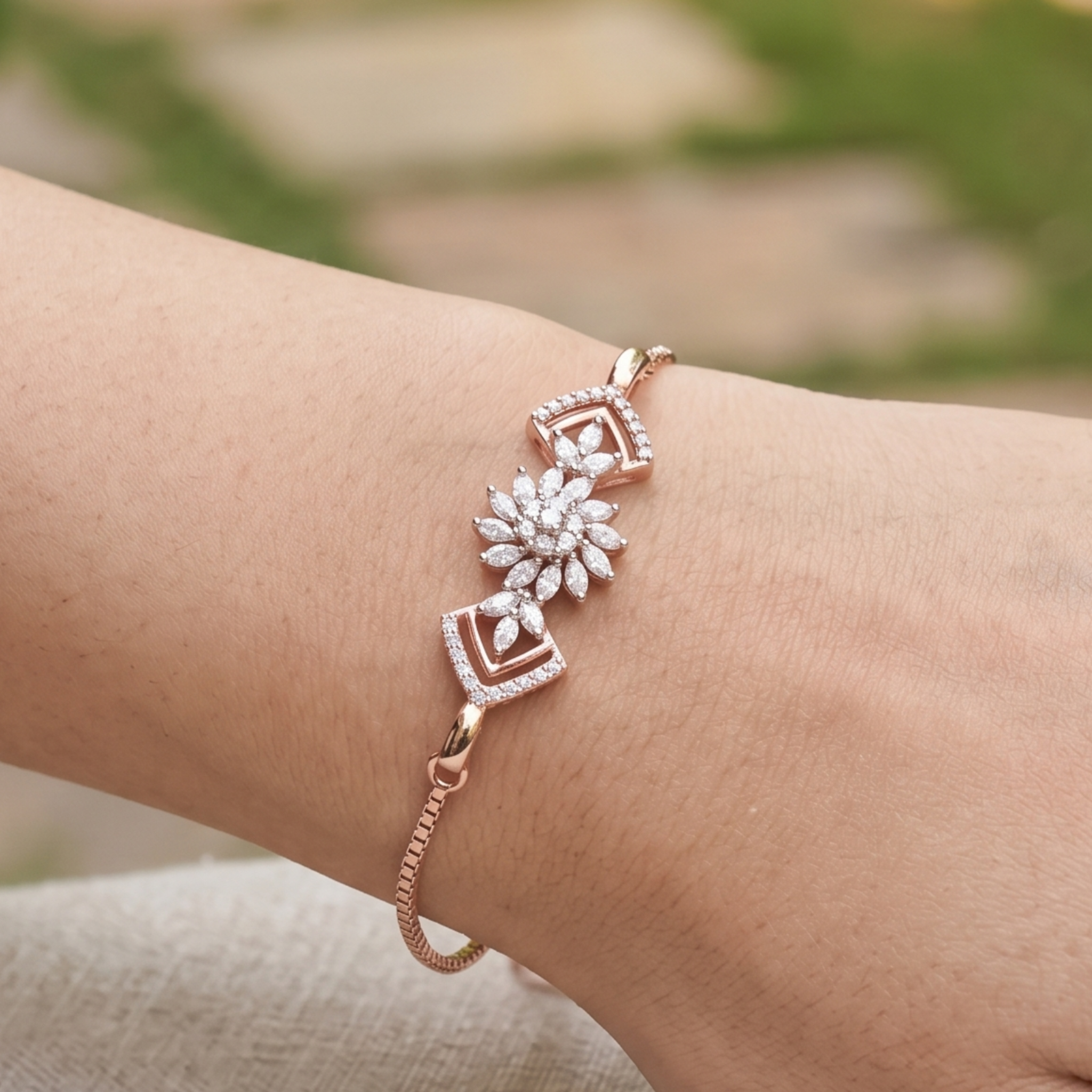 2 CT marquise and round diamond floral bracelet by Kiashaa Jewellery worn on a woman’s wrist.