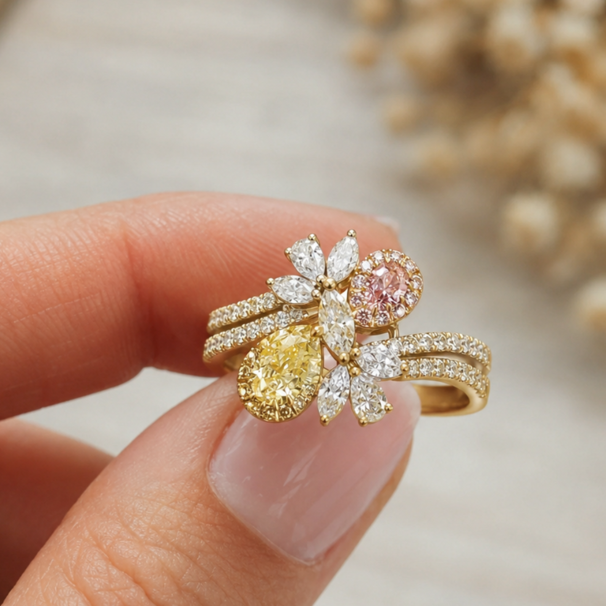Aurora Bloom 3 CTW multi-color diamond floral ring by Kiashaa Jewellery with yellow and pink pear-shaped diamonds.