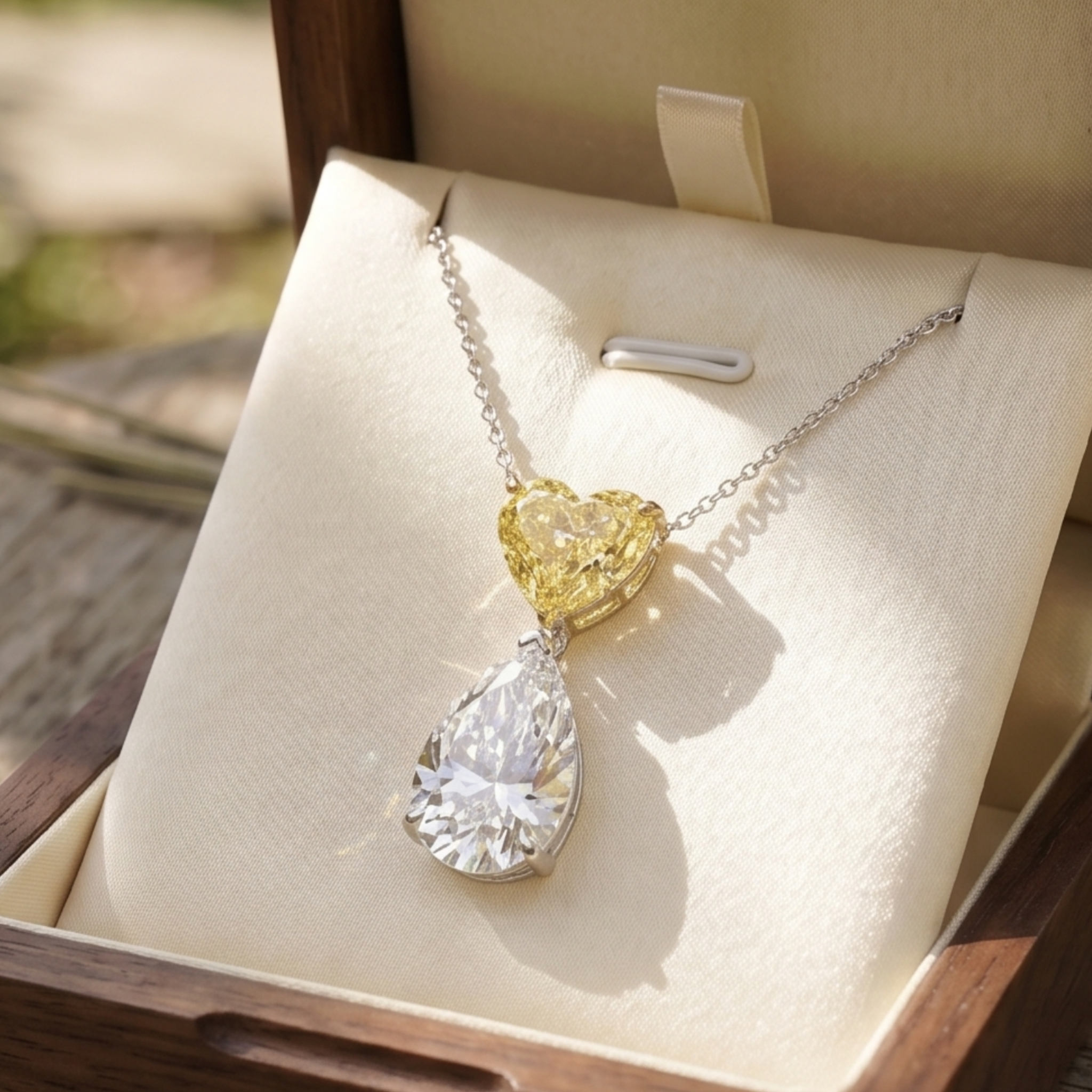 A heart-shaped yellow diamond pendant necklace with a teardrop-shaped clear diamond pendant, displayed on a cream-colored jewelry box insert.