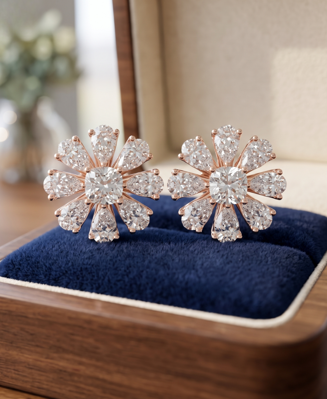 Close-up of cushion-cut centre diamonds surrounded by pear-cut lab-grown diamonds in polished rose gold settings.