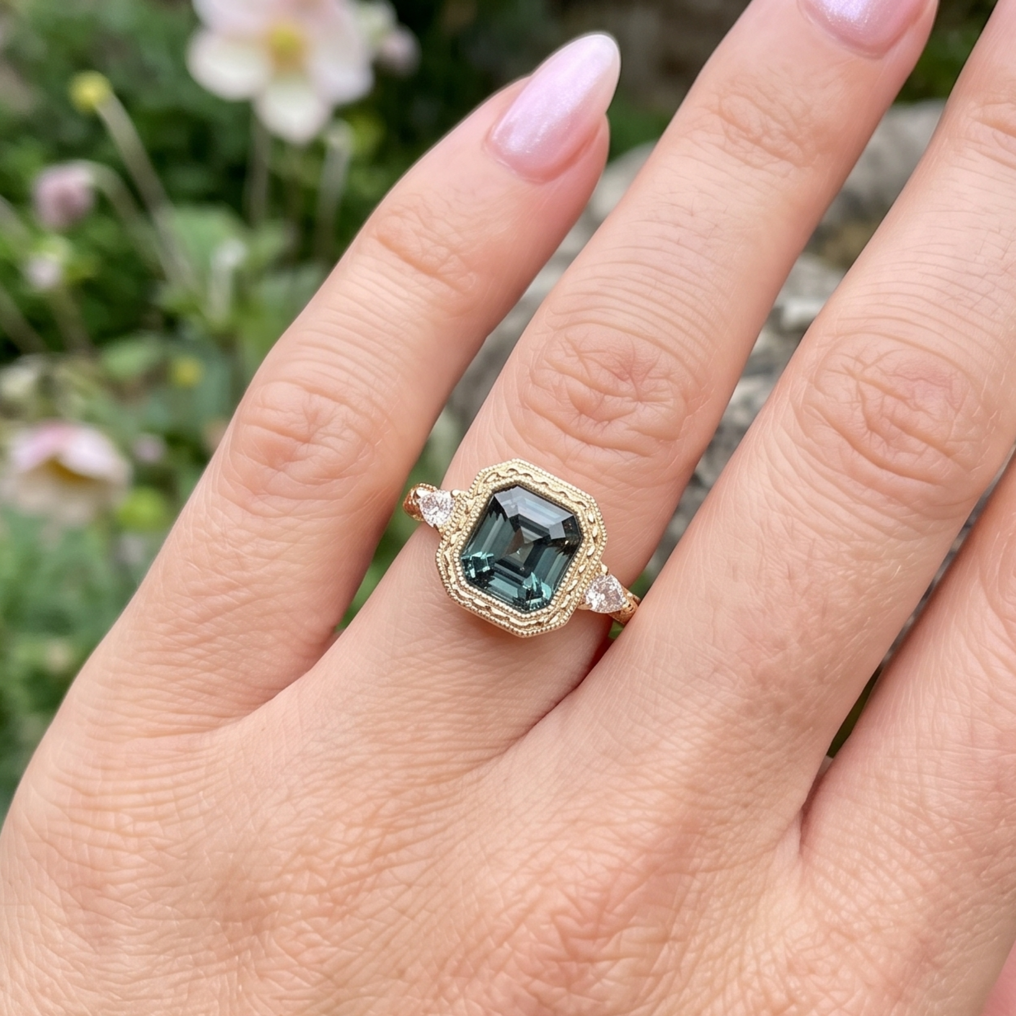 Verdant Regal 3.60 CTW Radiant Green Gemstone & Pear Diamond Ring
