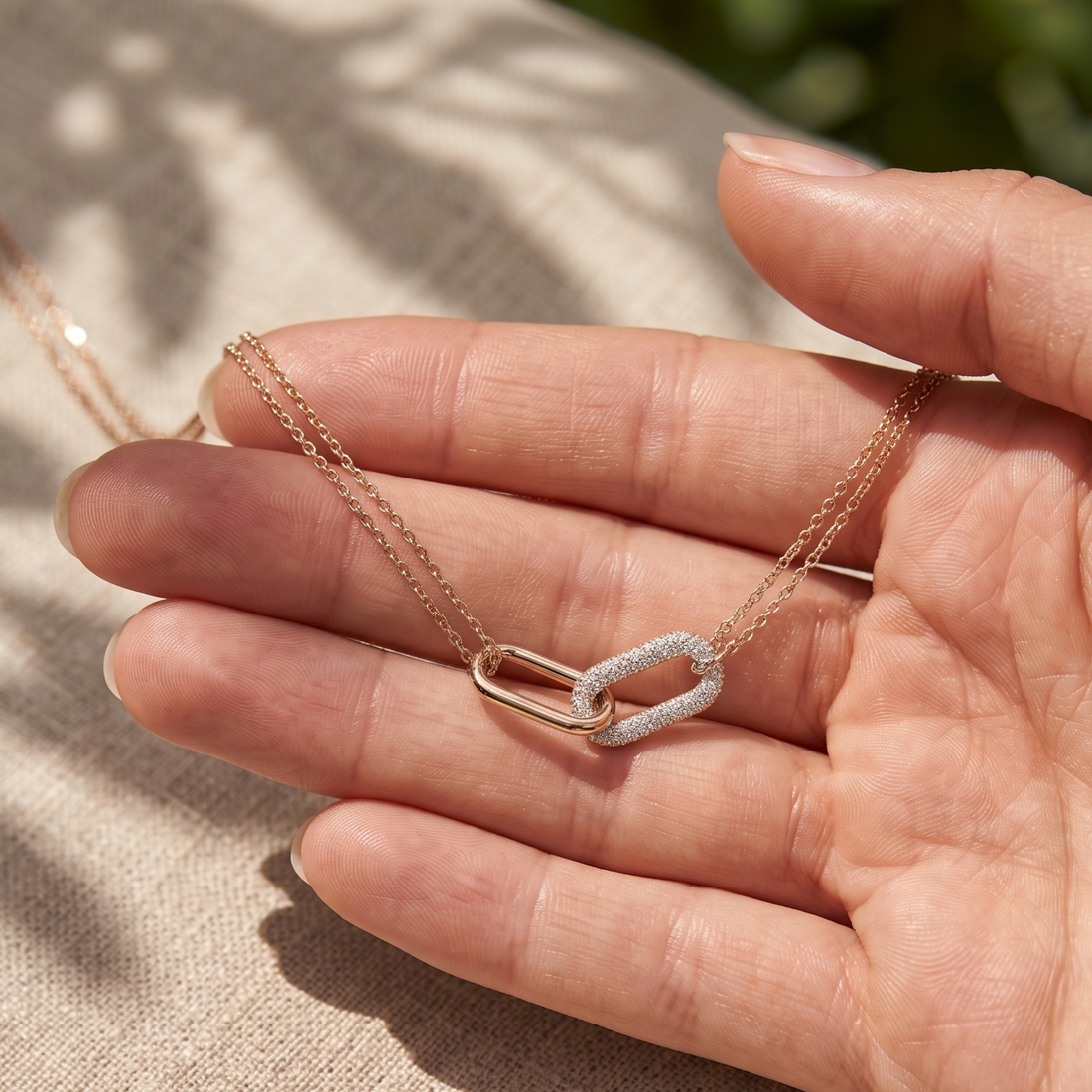 Eternal Link 0.40 CTW diamond necklace by Kiashaa Jewellery featuring interlocking elongated links in yellow gold.