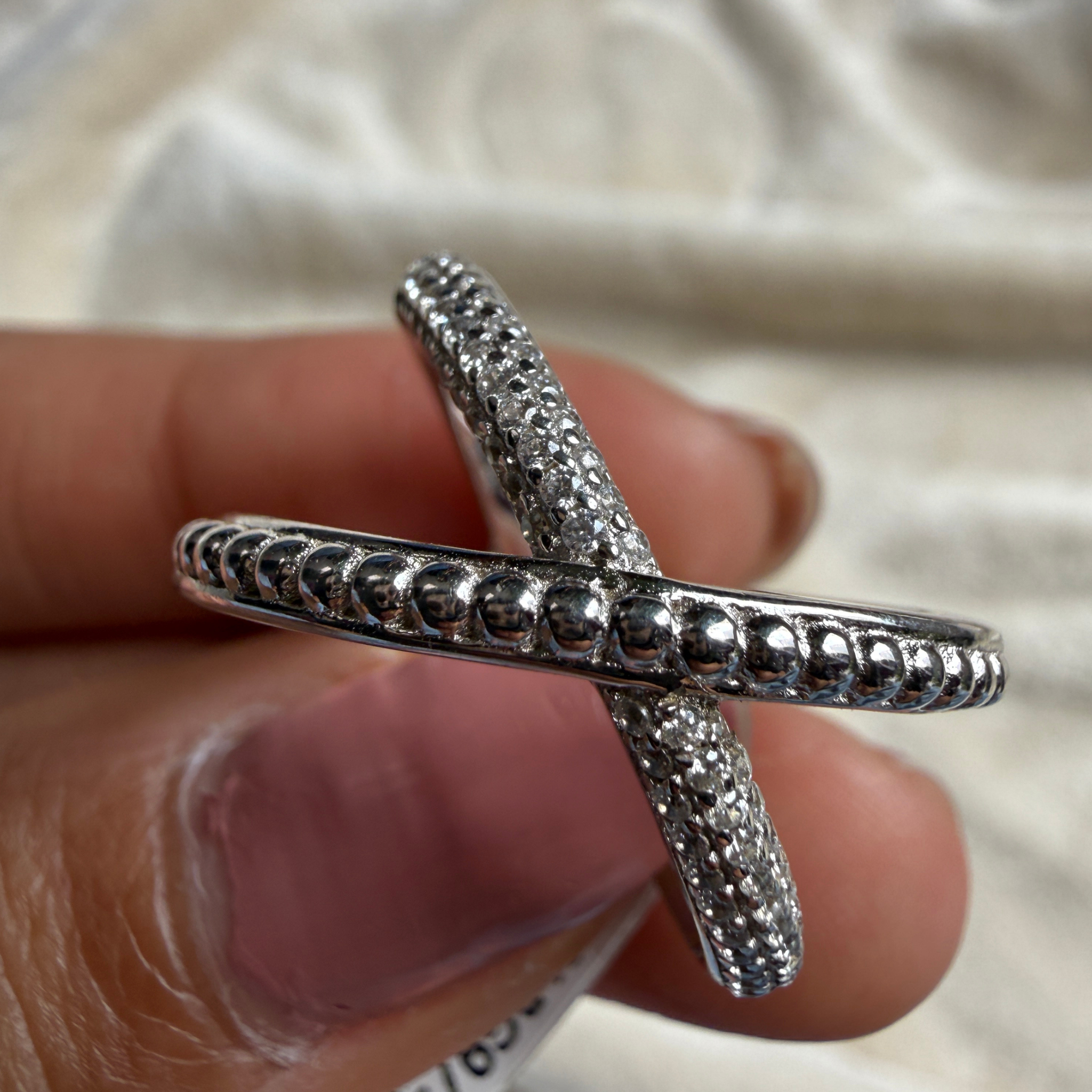 Criss-cross lab-grown diamond X ring in white gold by Kiashaa Jewellery.