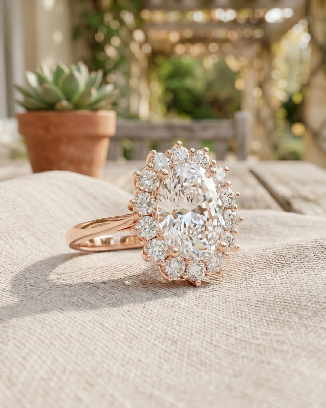 Ladies oval and round lab-grown diamond engagement ring by Kiashaa Jewellery in an elegant rose gold setting.