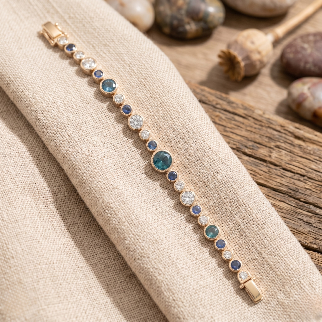 Rainbow bracelet featuring a continuous row of vibrant round gemstones.