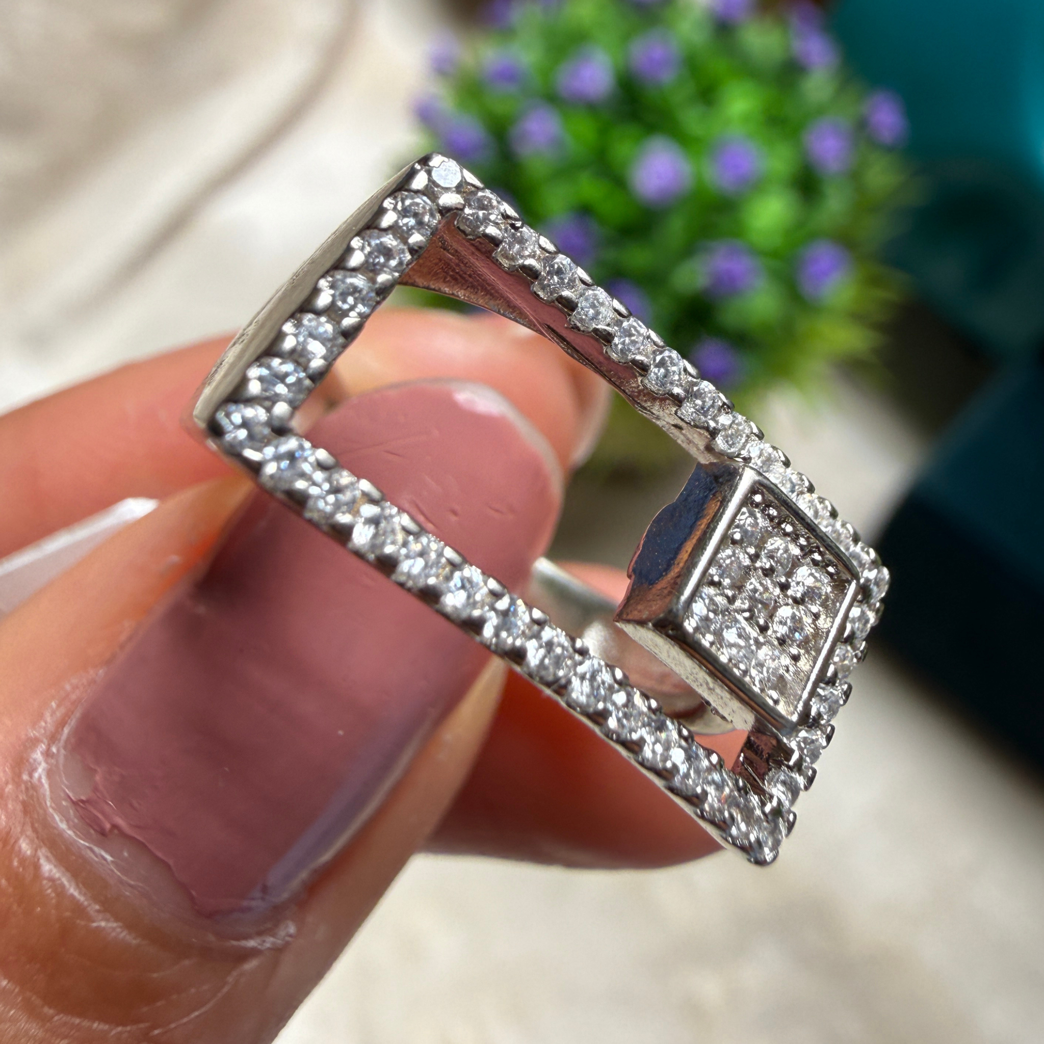 Geometric lab-grown diamond open rectangle ring in white gold by Kiashaa Jewellery.