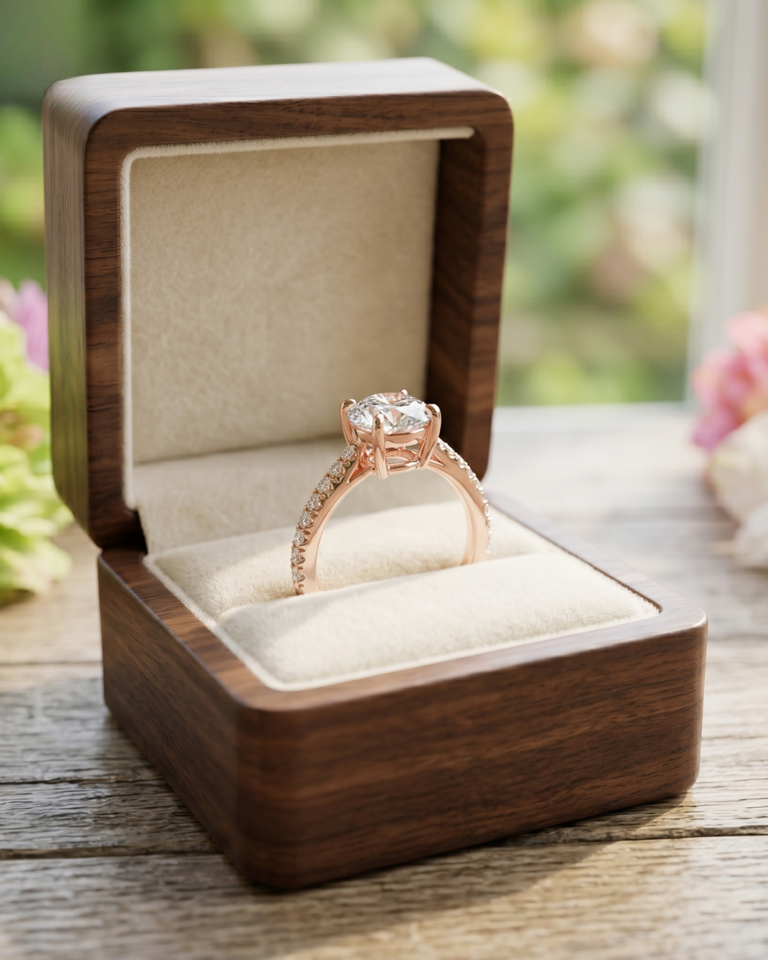 Luxury round diamond solitaire ring by Kiashaa Jewellery in rose gold with lab-grown diamond brilliance for women.