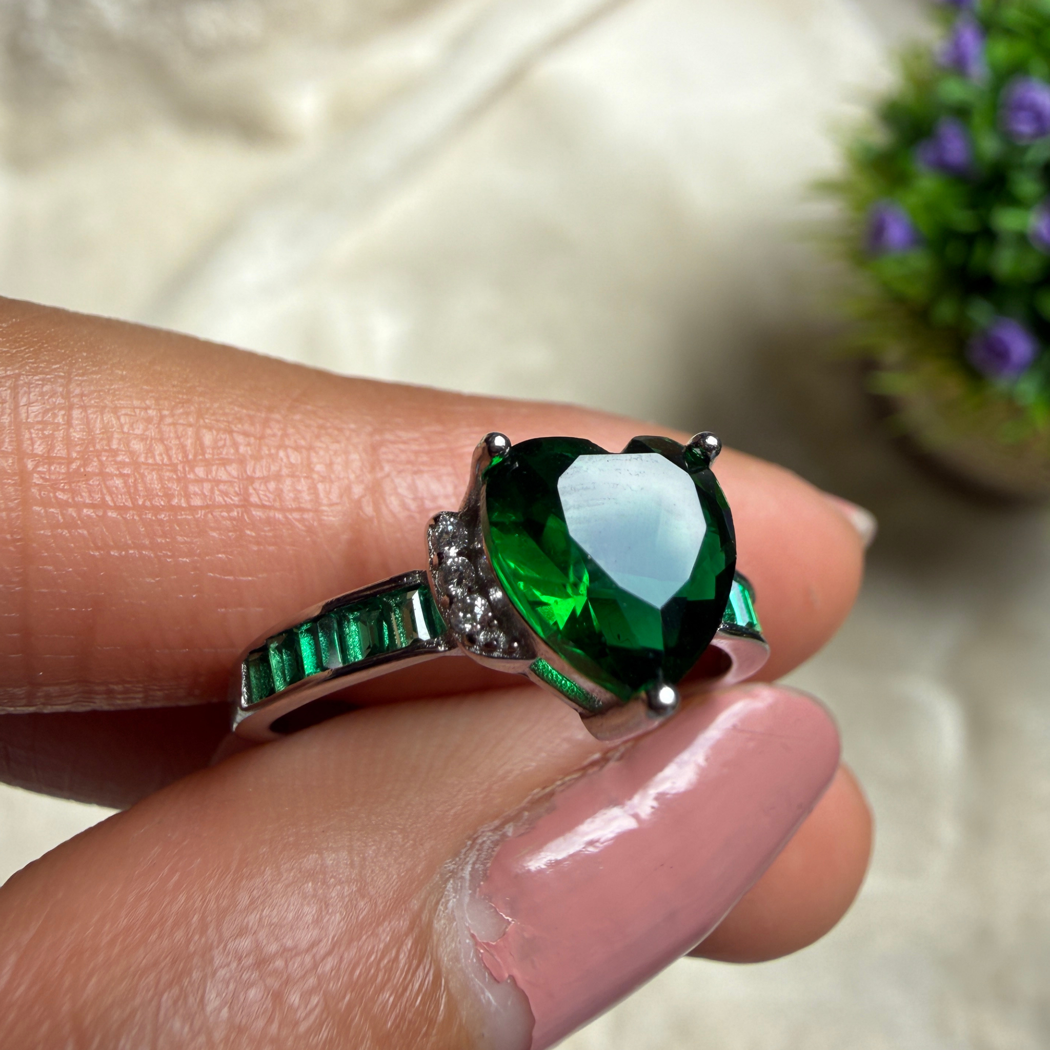 Green heart gemstone and lab-grown diamond ring in white gold by Kiashaa Jewellery.