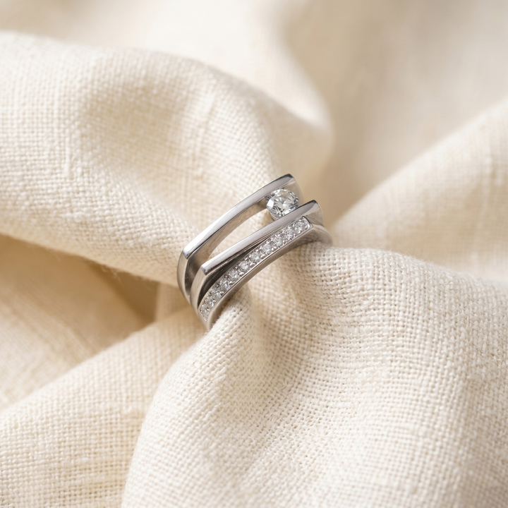 Geometric open-frame lab-grown diamond ring in white gold by Kiashaa Jewellery with 0.62 CTW of round diamonds.
