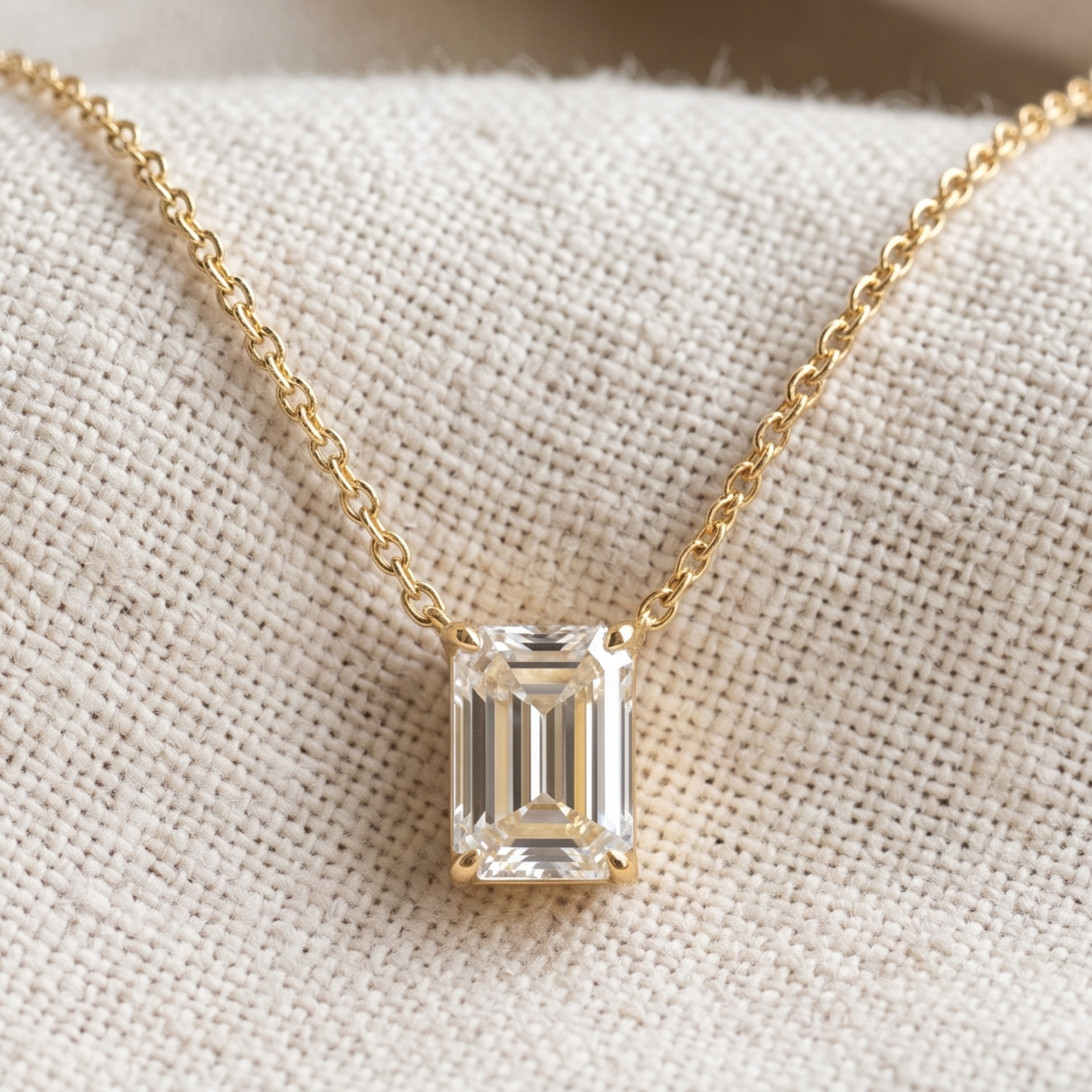 2.58 CT emerald-cut diamond solitaire pendant necklace in polished yellow gold.