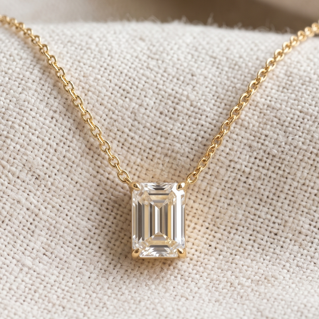 2.58 CT emerald-cut diamond solitaire pendant necklace in polished yellow gold.