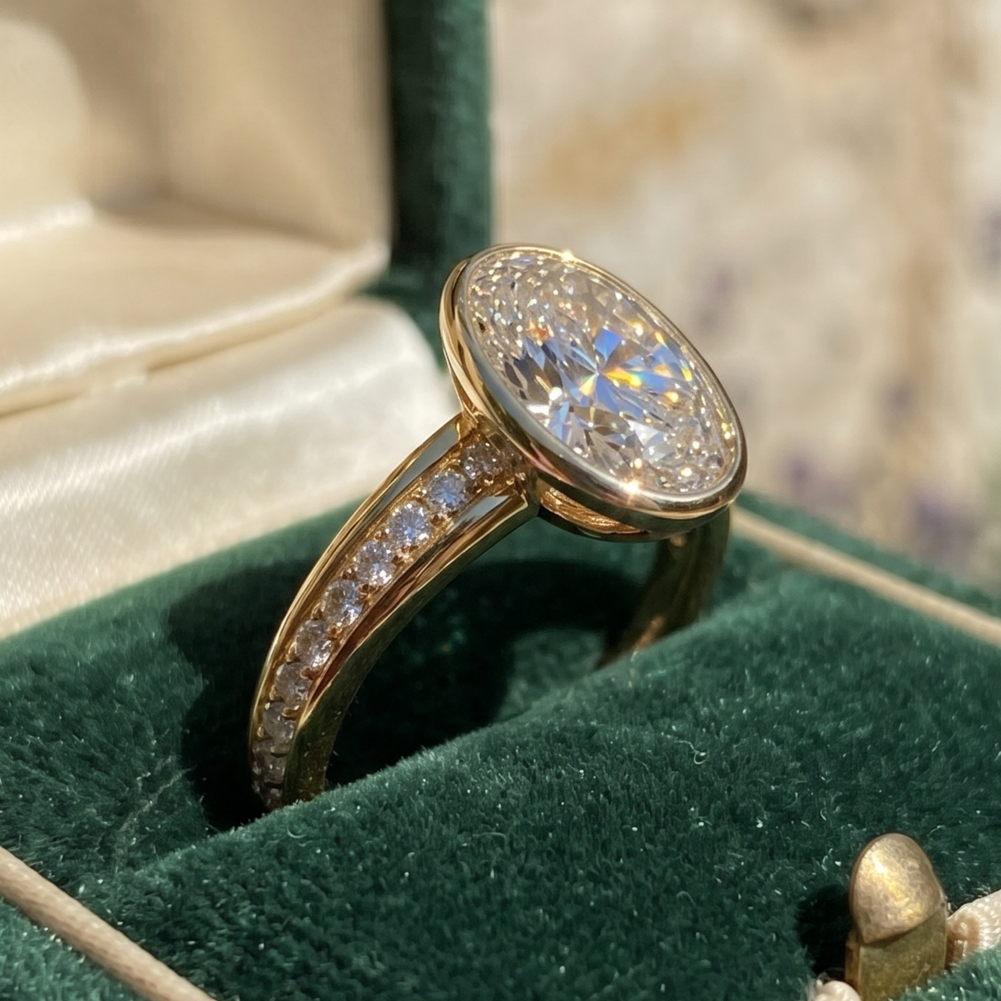 A yellow gold ring with a large oval-cut clear center stone and smaller side stones, displayed in a dark green velvet jewelry box.