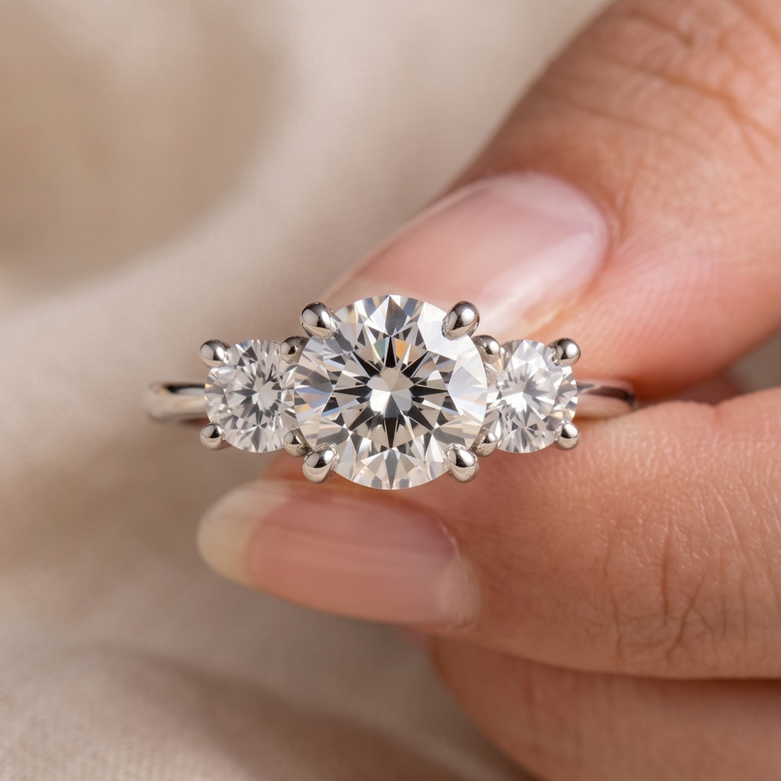 A three-stone diamond engagement ring with a large round center stone and two smaller round side stones in a silver-toned setting, shown being held between fingers against a soft beige fabric background.