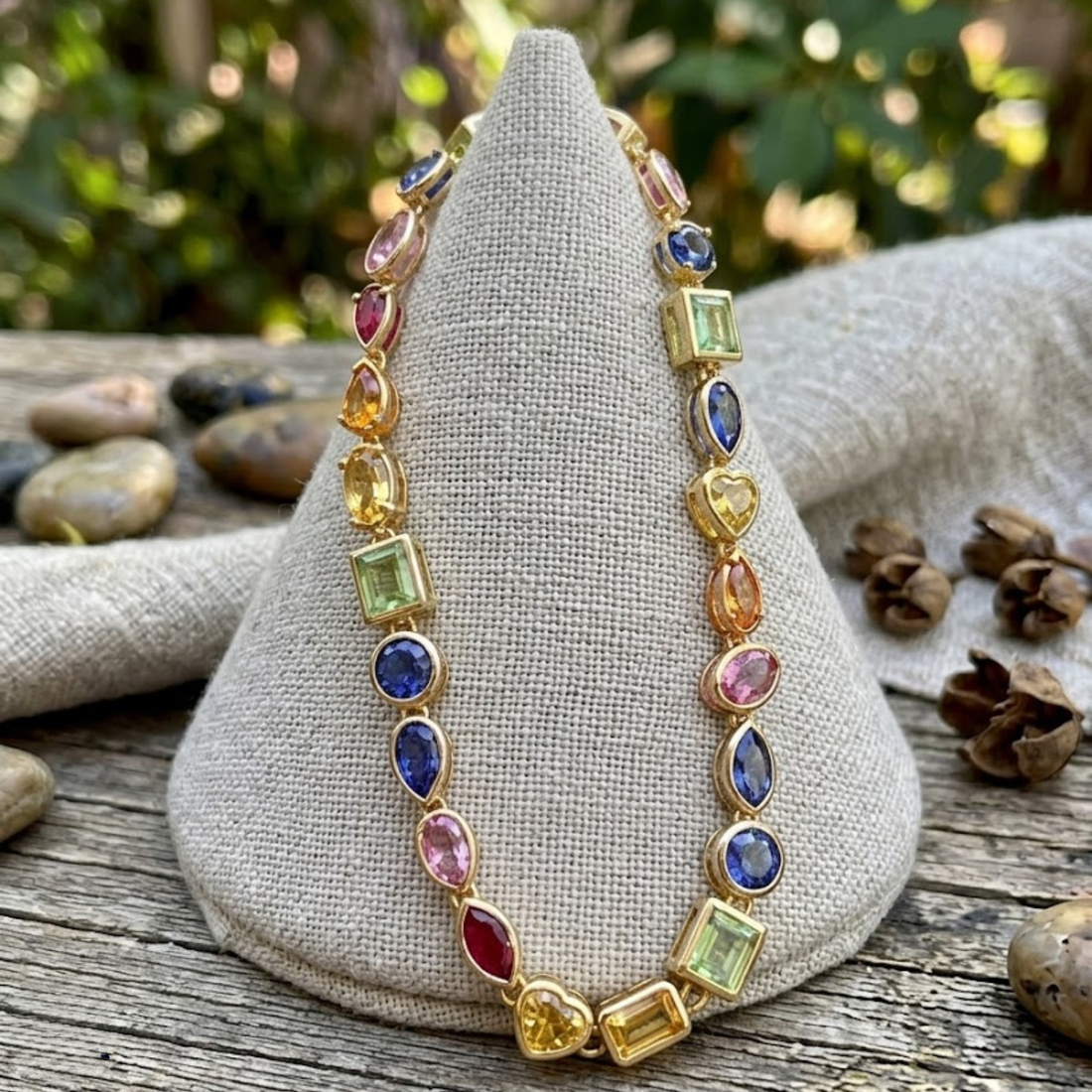 Colorful gemstone bracelet available in white, yellow and rose gold.