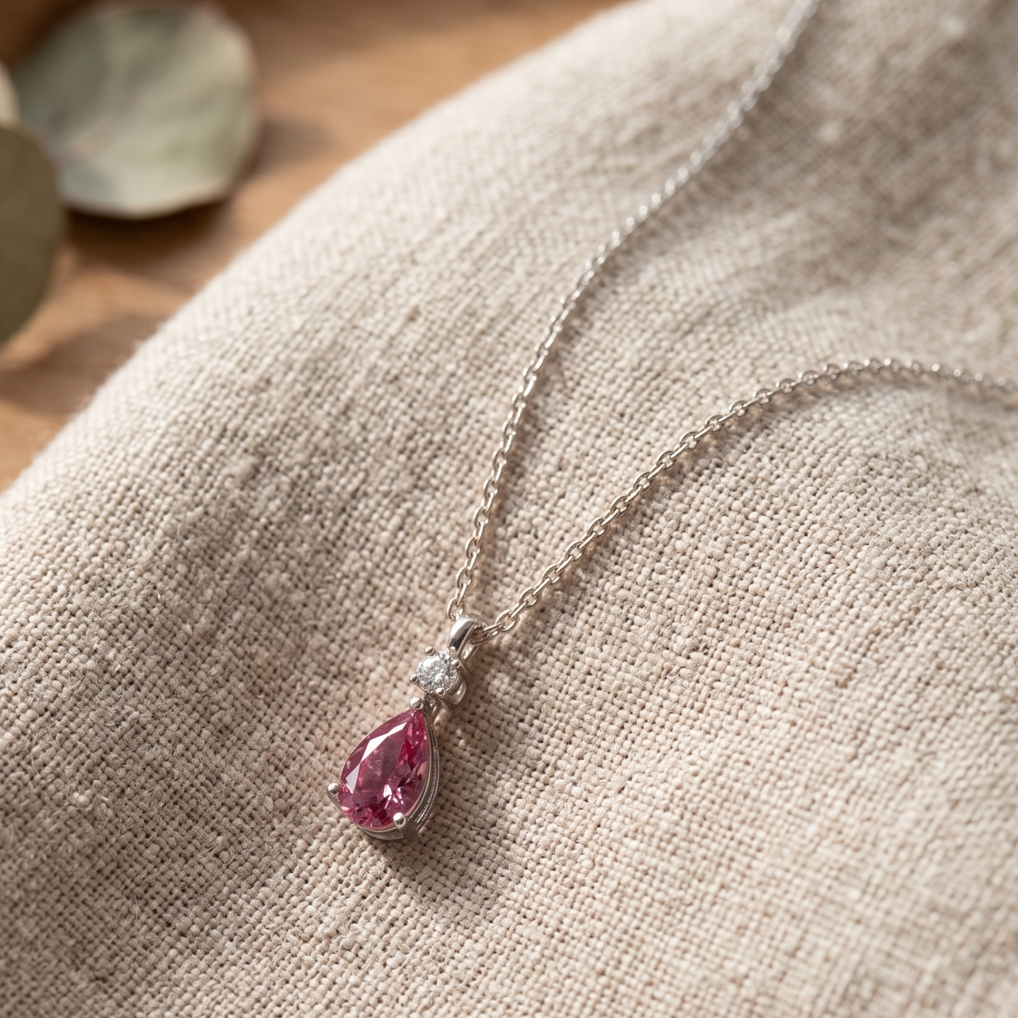 Blush Drop 0.90 CTW pink pear pendant necklace by Kiashaa Jewellery with an 8 × 5 mm pear-shaped center stone.