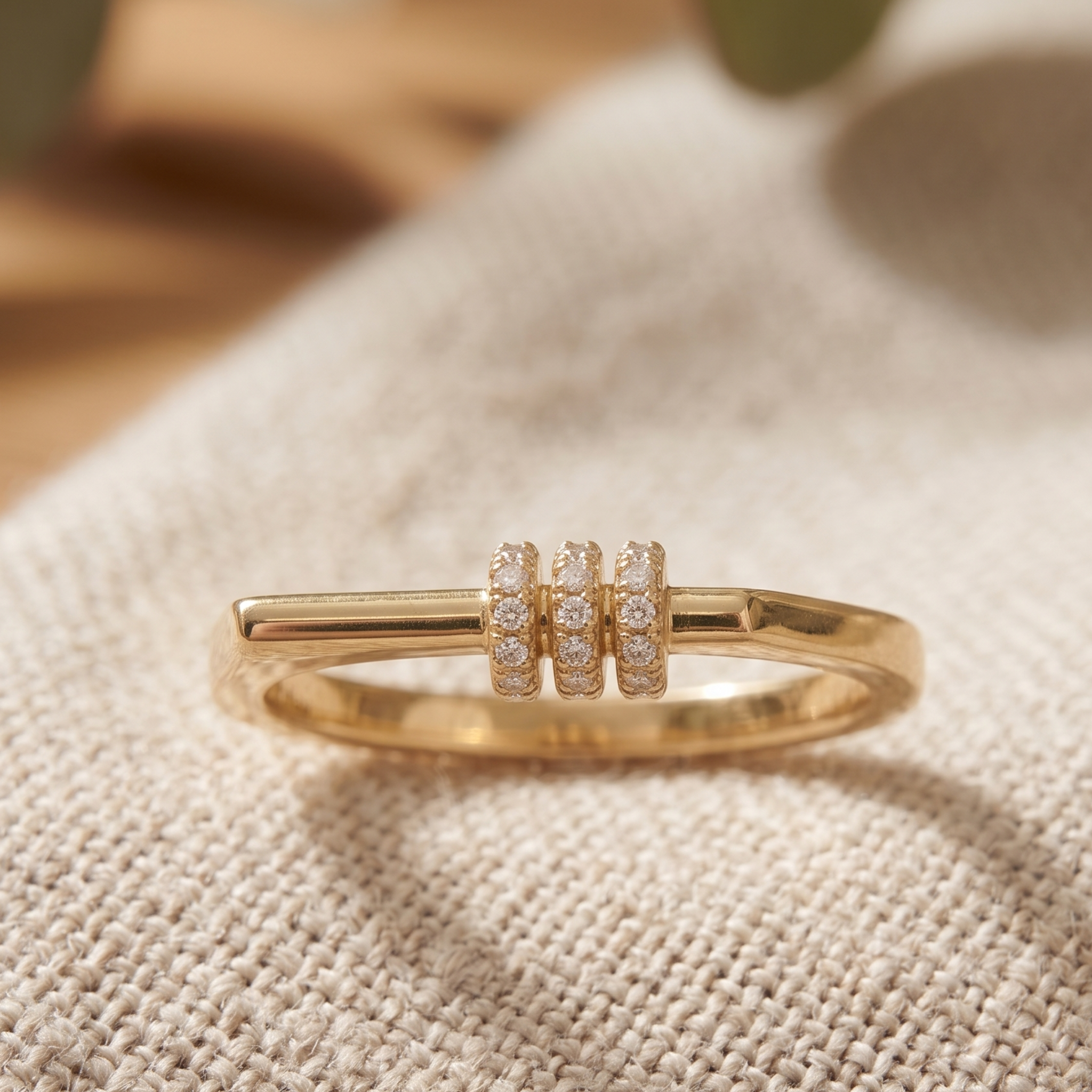 Kiashaa Jewellery 0.21 CTW triple-row diamond ring in polished yellow gold.