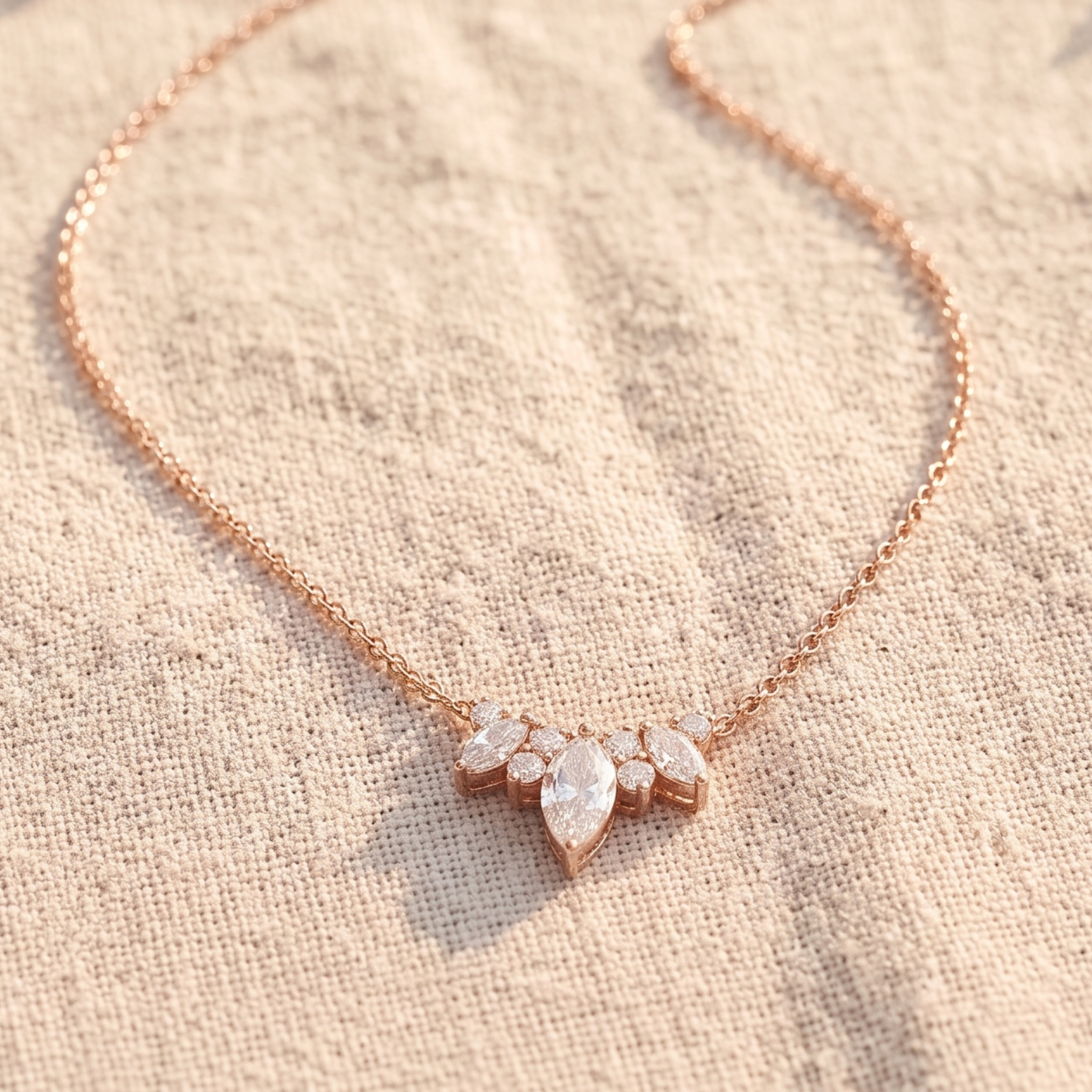 Kiashaa Jewellery 1.03 CTW marquise and round diamond cluster necklace in rose gold.