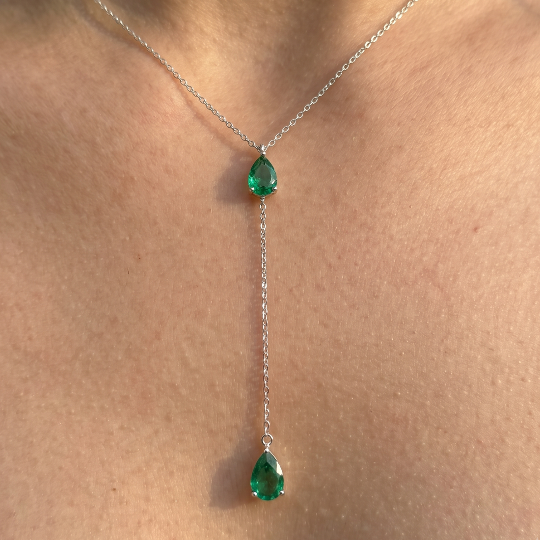 Emerald Drop 1.50 CTW pear gemstone Y-necklace by Kiashaa Jewellery with two 7 × 5 mm green pear stones.