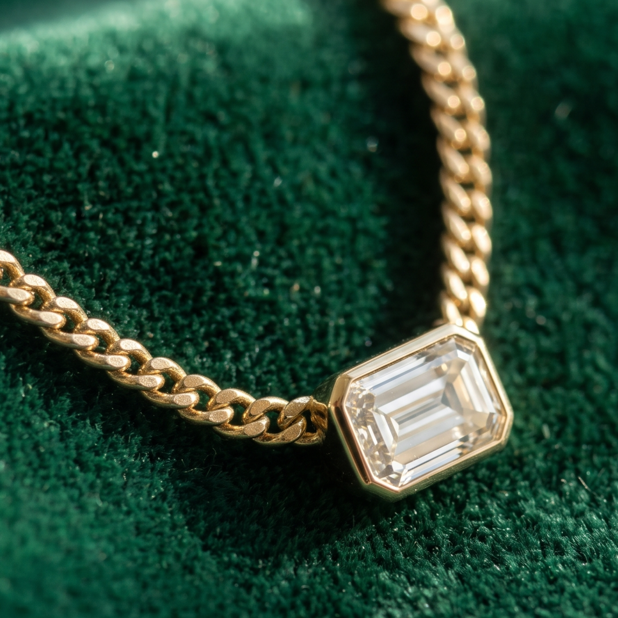 Kiashaa Jewellery 1.73 CT emerald-cut diamond Cuban chain necklace in polished yellow gold.