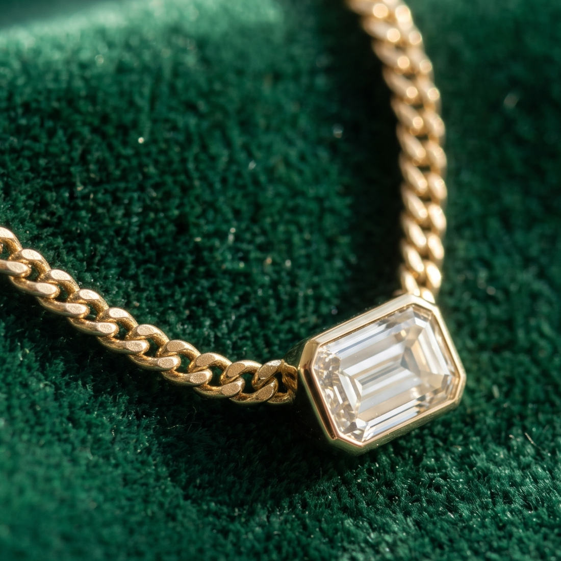 Kiashaa Jewellery 1.73 CT emerald-cut diamond Cuban chain necklace in polished yellow gold.