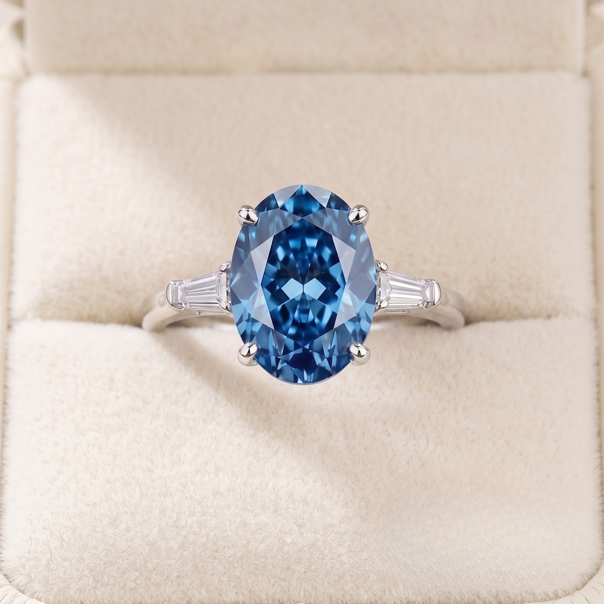 An oval-cut blue gemstone ring with a silver-toned band and baguette side stones, displayed in a cream-colored ring box.