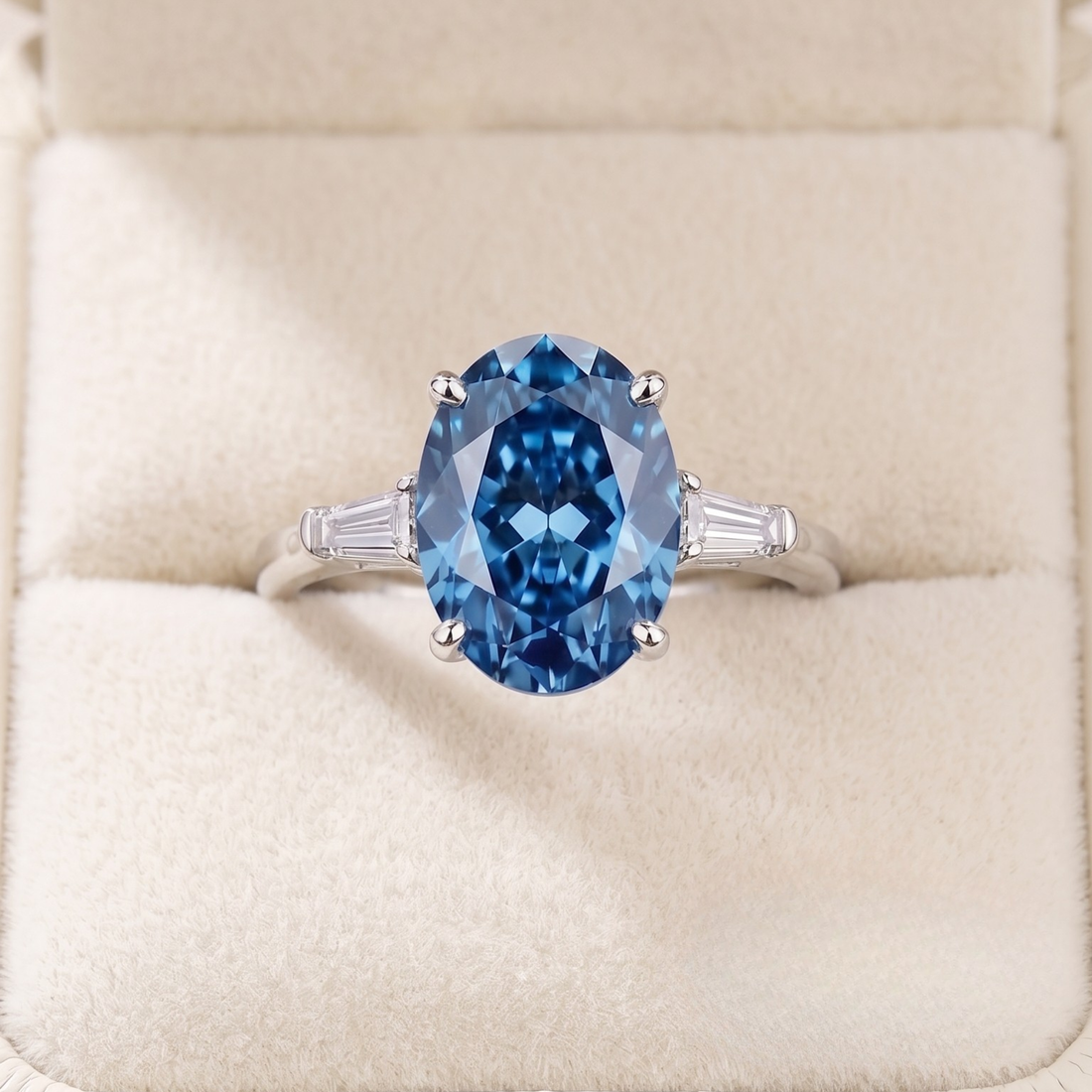 An oval-cut blue gemstone ring with a silver-toned band and baguette side stones, displayed in a cream-colored ring box.