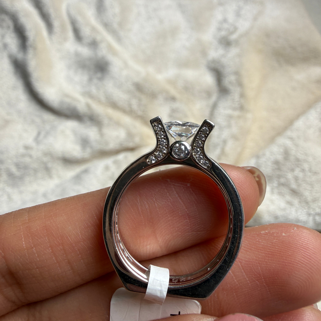 Princess-cut lab-grown diamond split-shank ring in white gold by Kiashaa Jewellery.