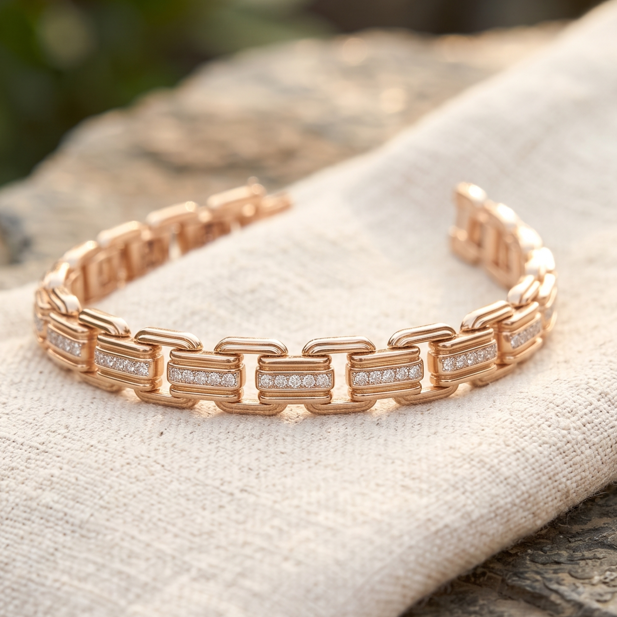 A rose gold link bracelet with pavé-set clear stones, displayed on a textured beige linen fabric.