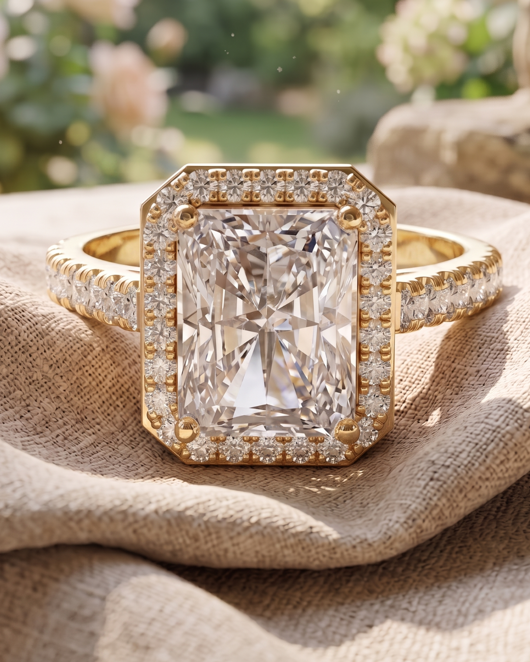 Kiashaa Jewellery ladies radiant diamond ring in rose gold featuring a round diamond halo and polished finish.