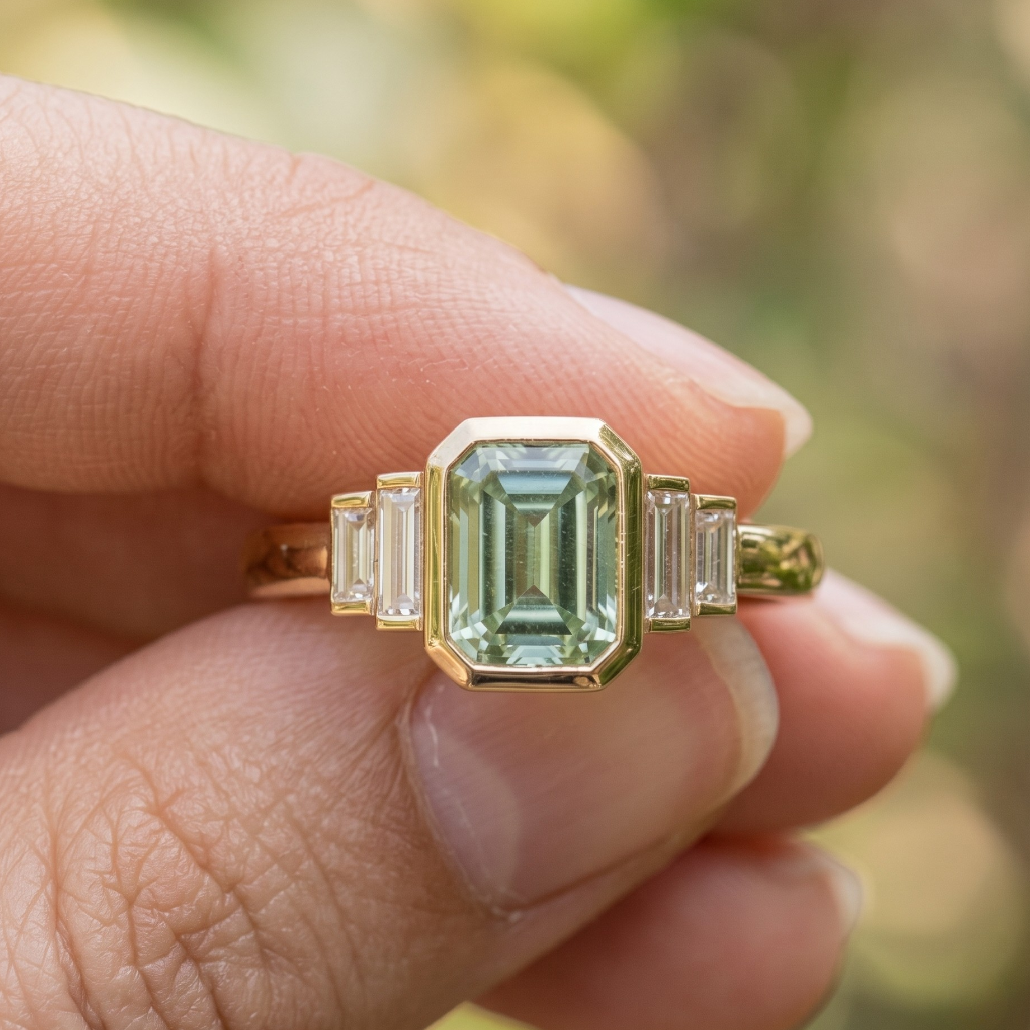 Kiashaa Jewellery 2.13 CTW green emerald and baguette diamond ring in polished yellow gold.
