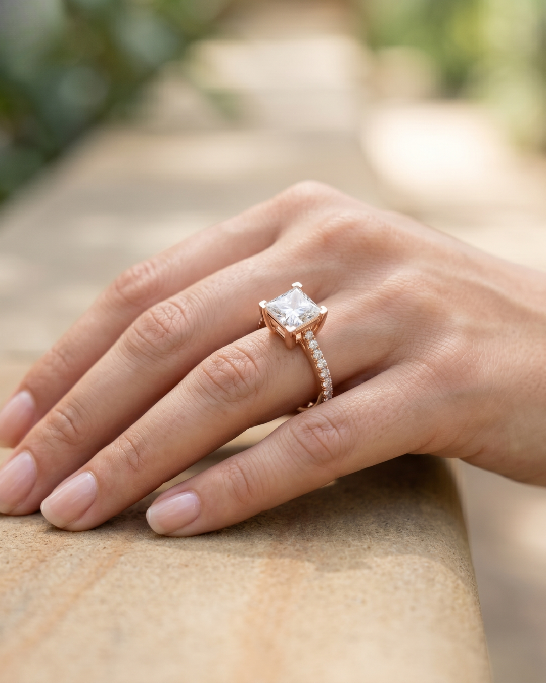 Elegant ladies princess-cut lab-grown diamond ring by Kiashaa Jewellery in rose gold with round side diamonds.