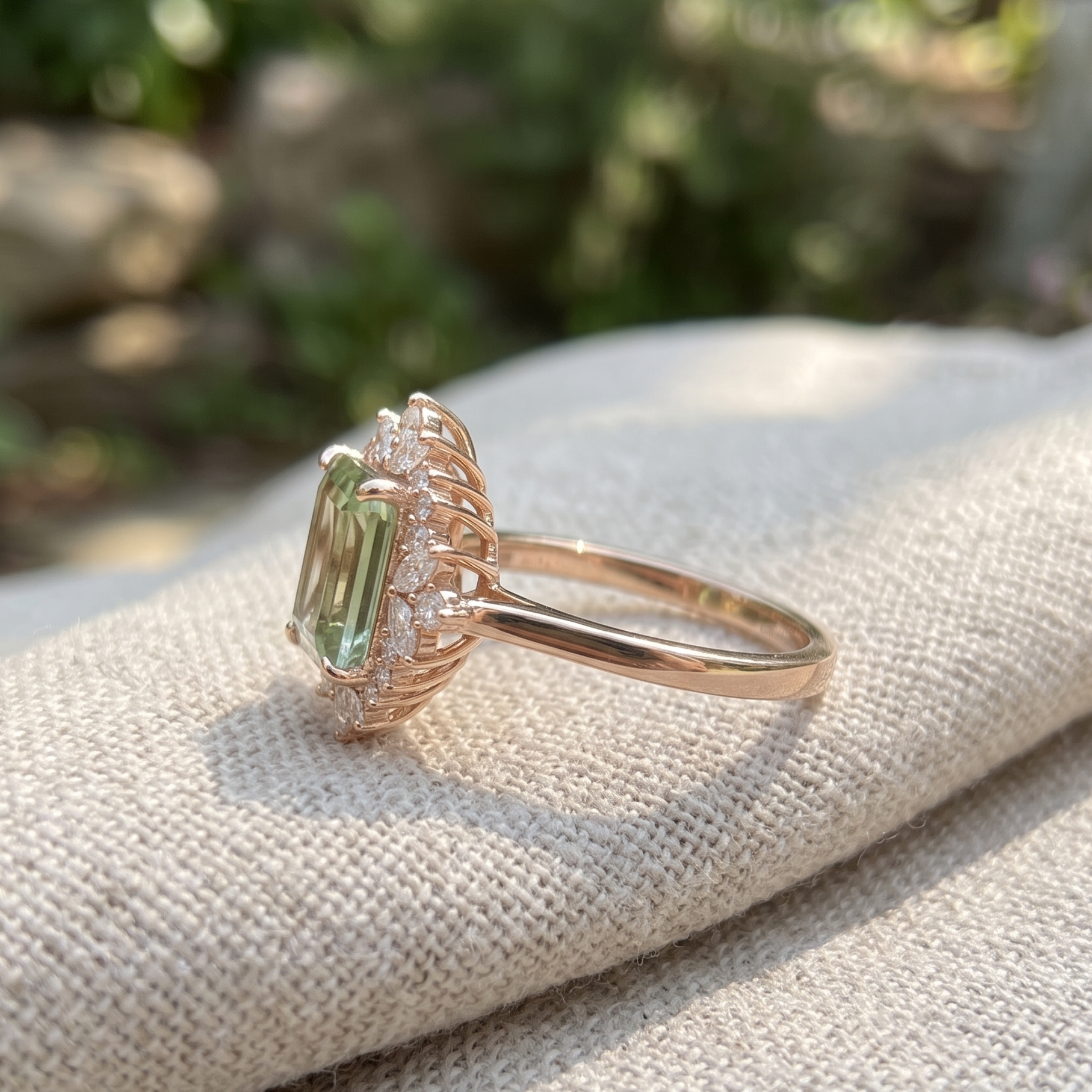 Kiashaa Jewellery 4.372 CTW green emerald diamond halo ring in polished yellow gold.