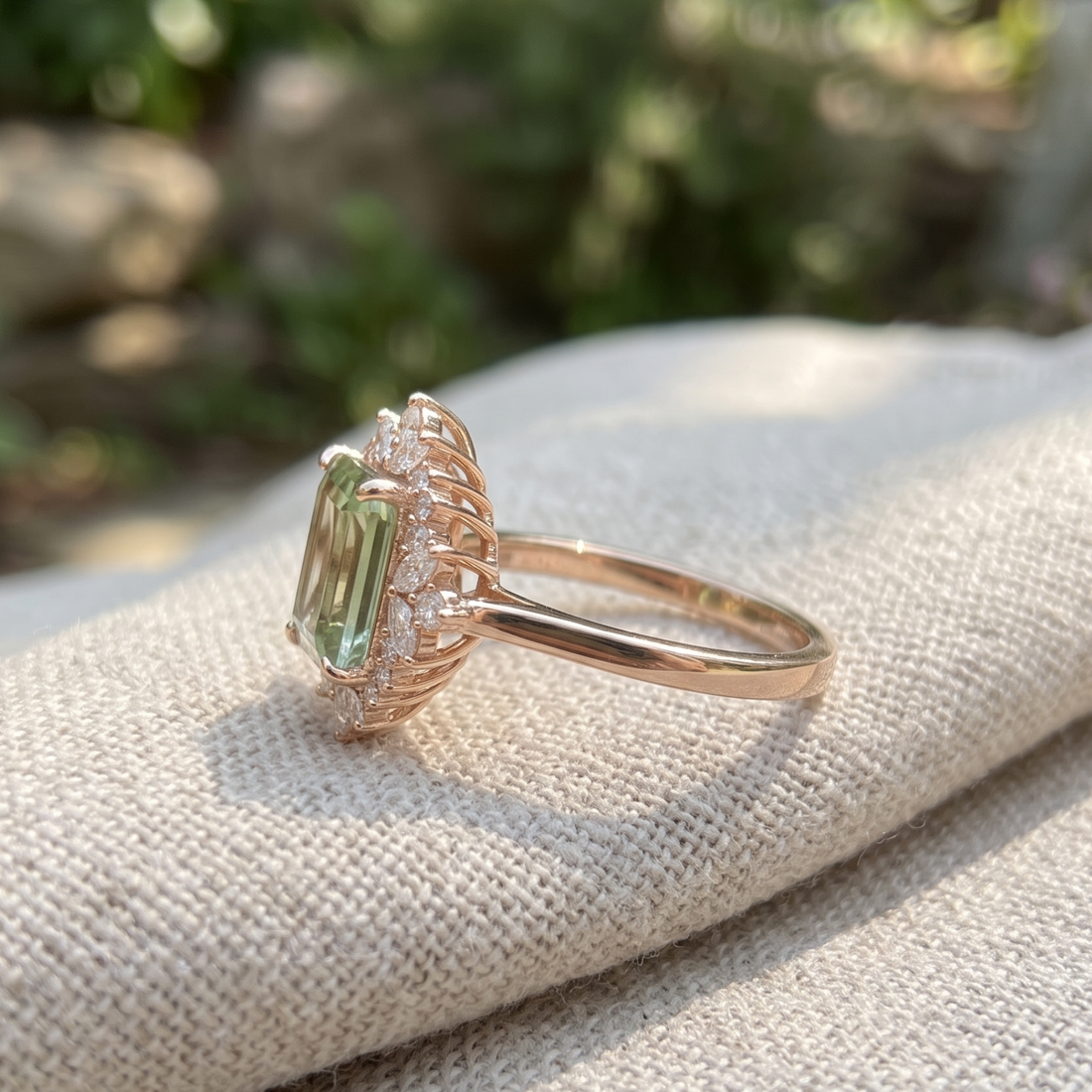 Kiashaa Jewellery 4.372 CTW green emerald diamond halo ring in polished yellow gold.