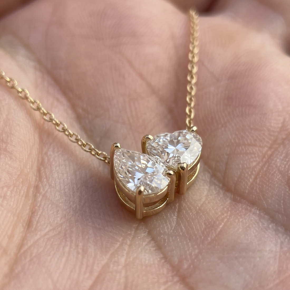 Kiashaa Jewellery 1.45 CTW pear and heart diamond necklace in polished yellow gold.