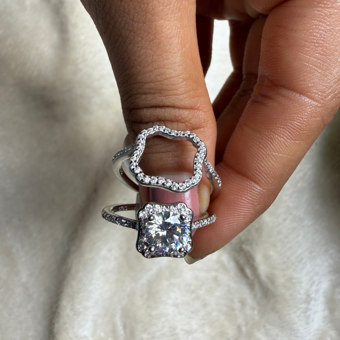 Round halo lab-grown diamond engagement ring in white gold by Kiashaa Jewellery.
