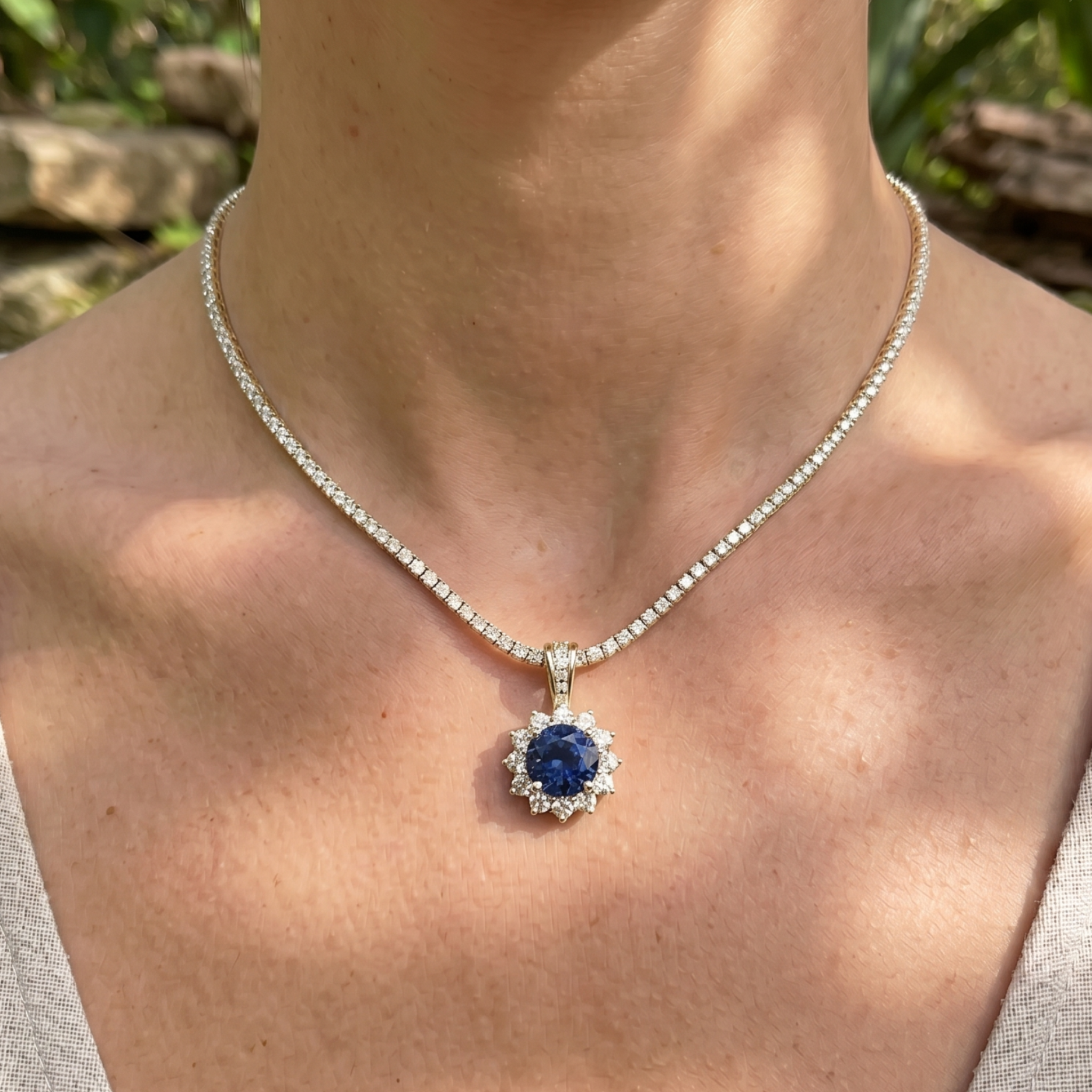 Royal Bloom 5 CT Blue Center Stone & Diamond Halo Pendant Necklace