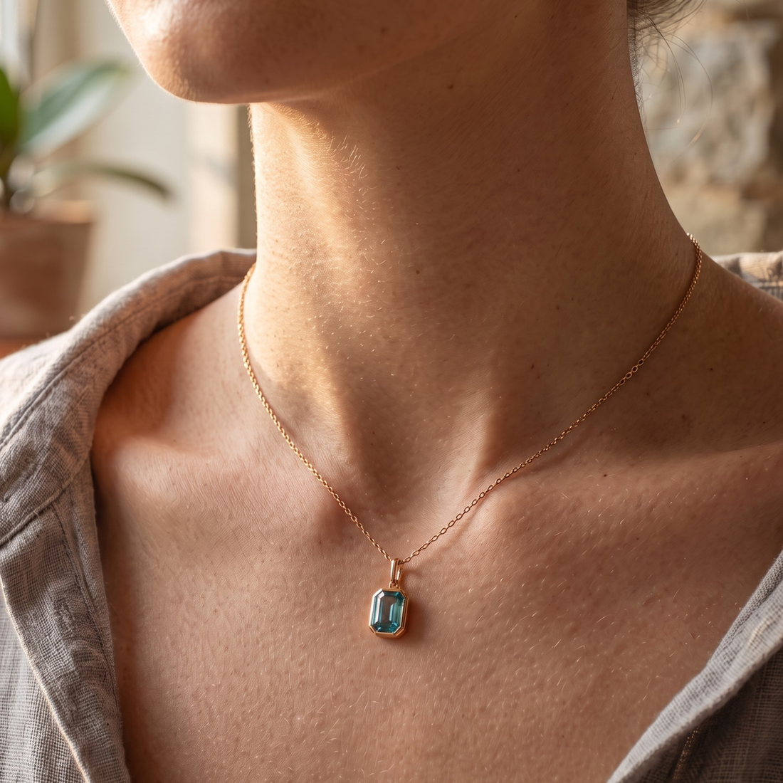 1.73 CT teal emerald-cut pendant necklace in polished yellow gold.