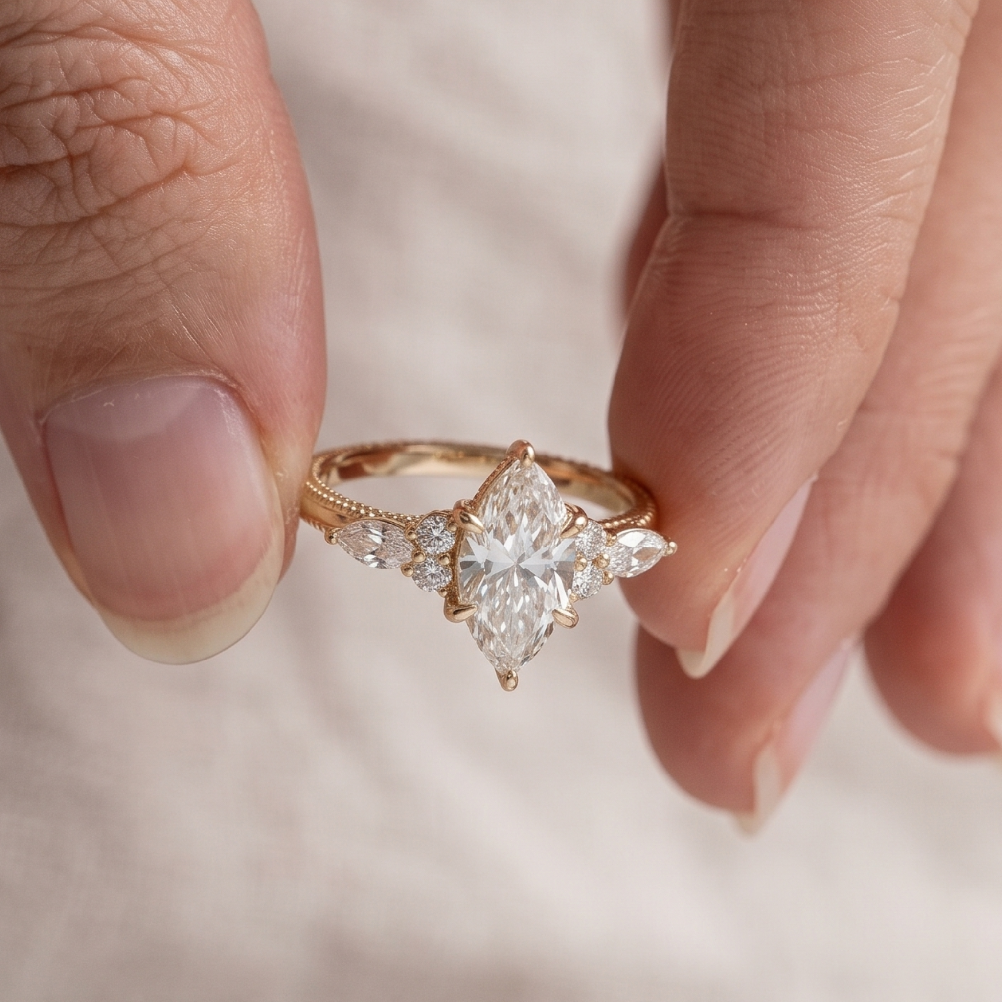 Marquise center ring with two marquise and four round side diamonds