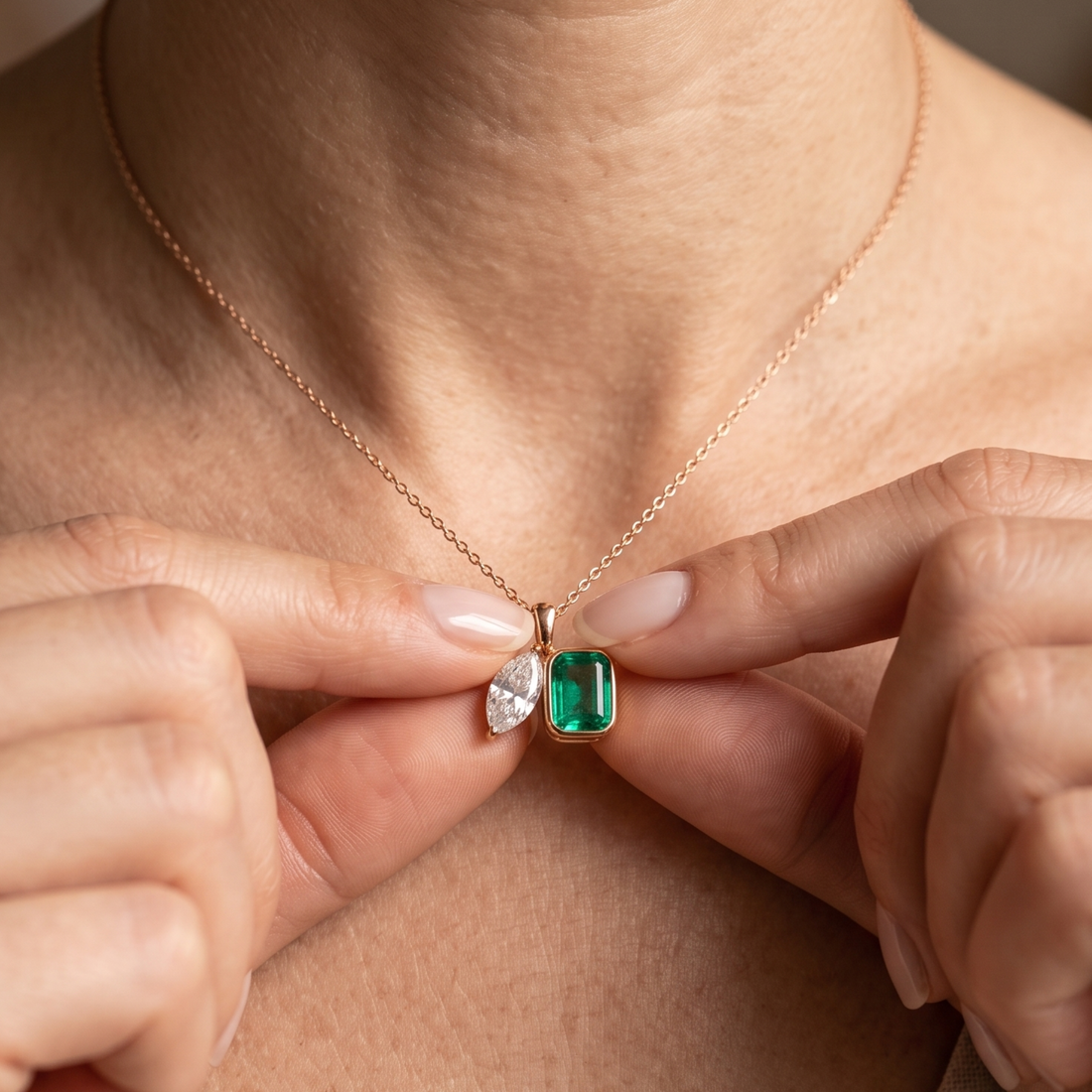Kiashaa Jewellery 2.91 CTW cushion and marquise pendant necklace in polished yellow gold.