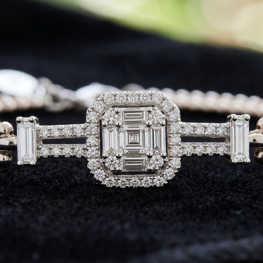 0.60 CT geometric baguette diamond bracelet in rose gold by Kiashaa Jewellery worn on the wrist.