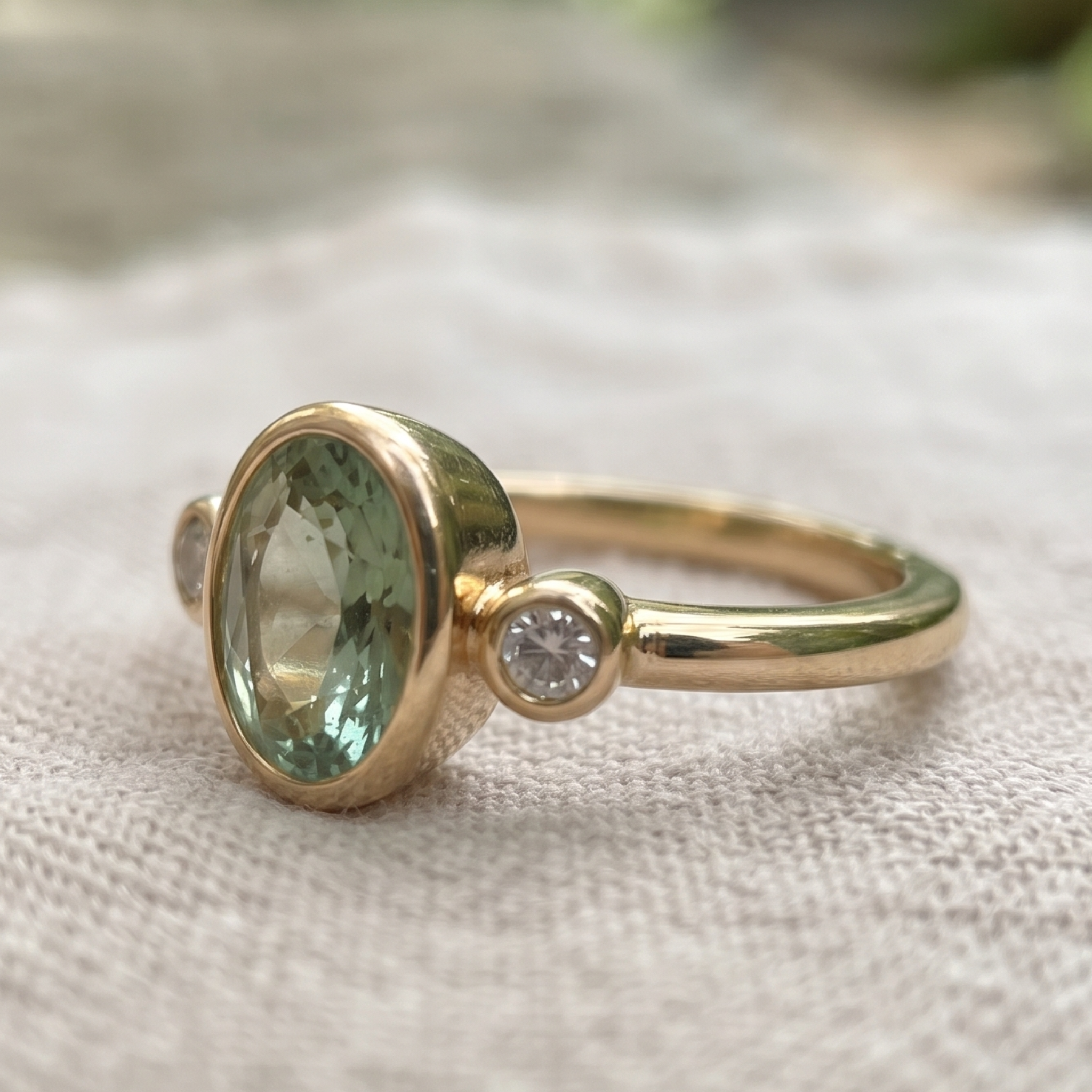 Front view of a 2 CT oval green gemstone three-stone bezel ring in yellow gold.
