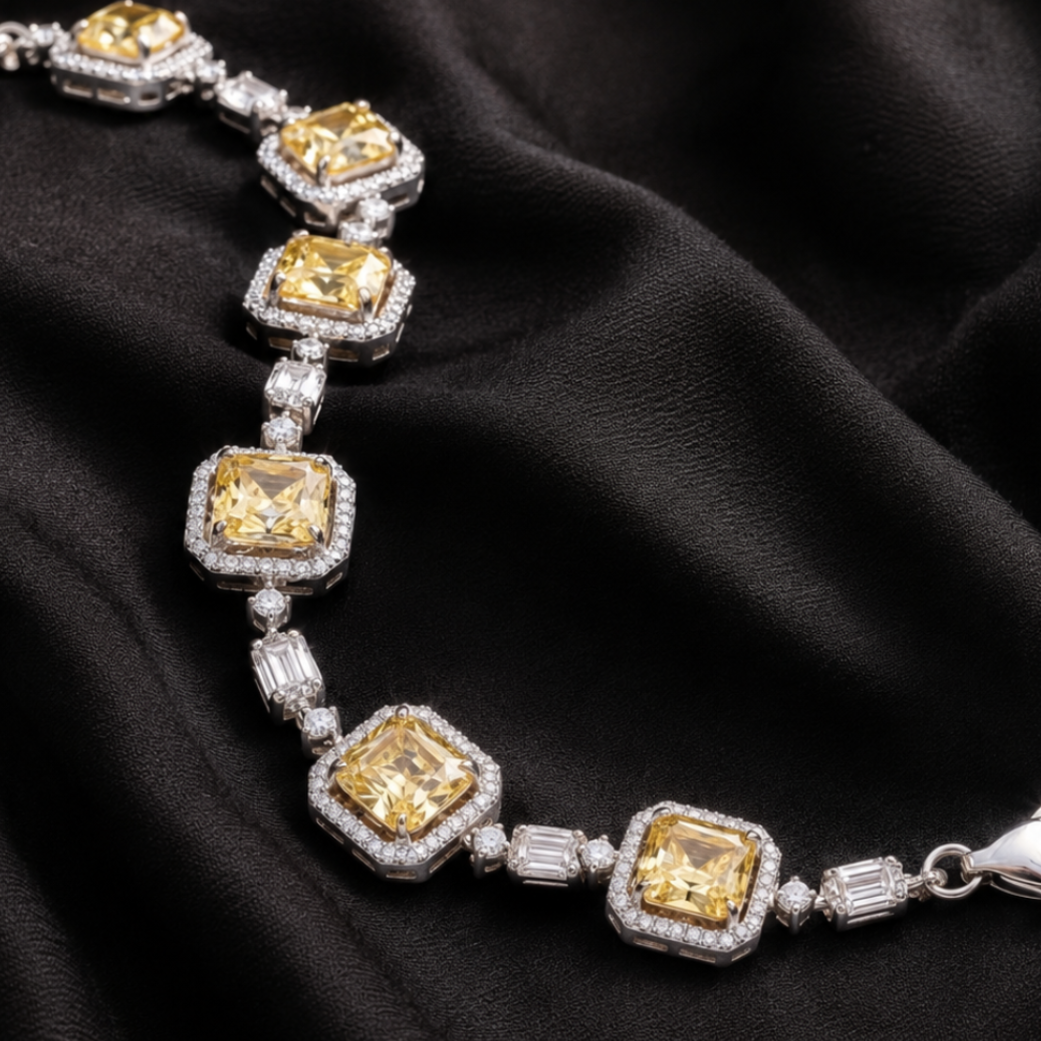 A close-up of a silver-toned bracelet featuring large cushion-cut yellow gemstones surrounded by small clear stones, displayed on a draped black fabric background.