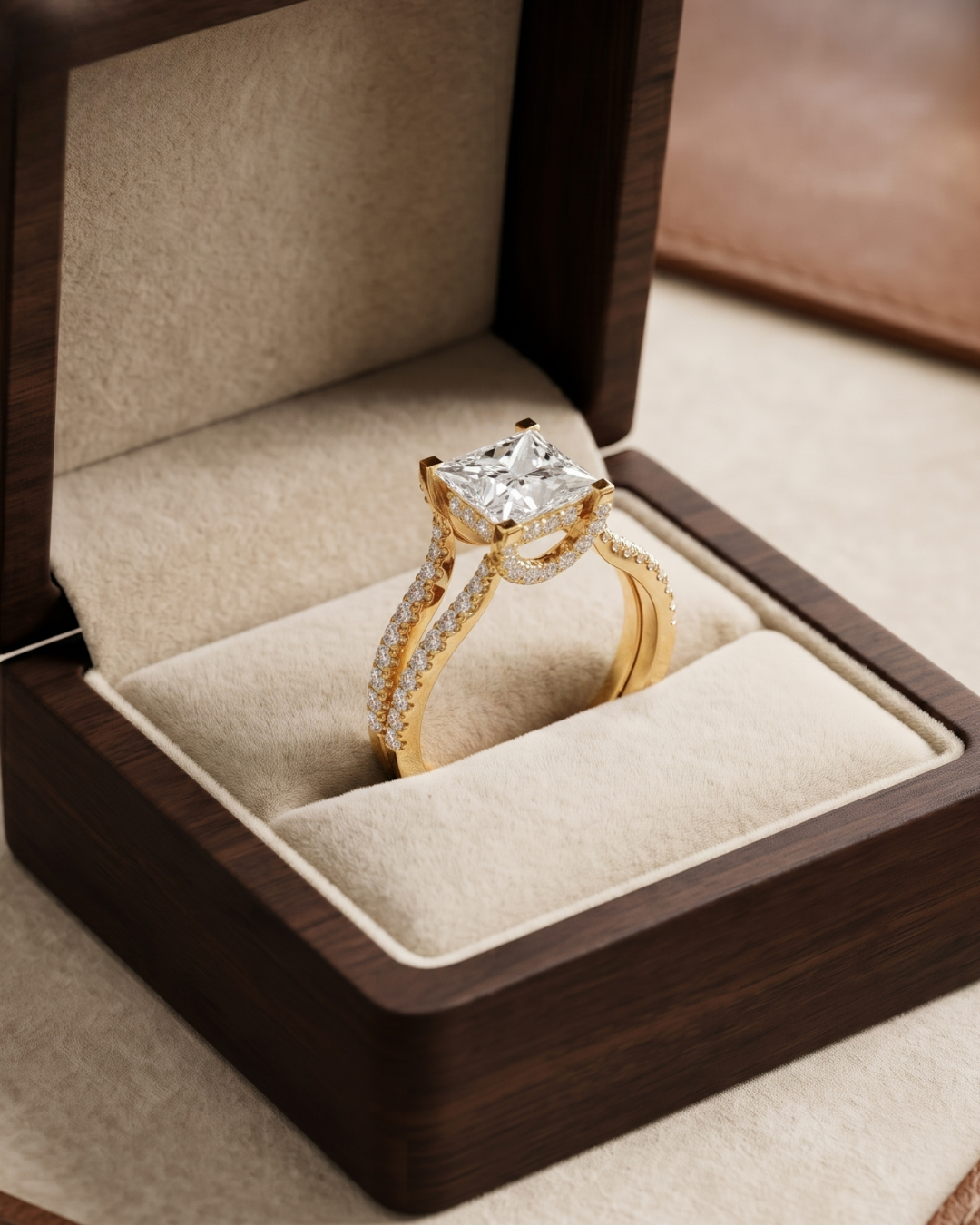 Princess and round lab-grown diamond ring by Kiashaa Jewellery in rose gold with a refined hidden halo design.