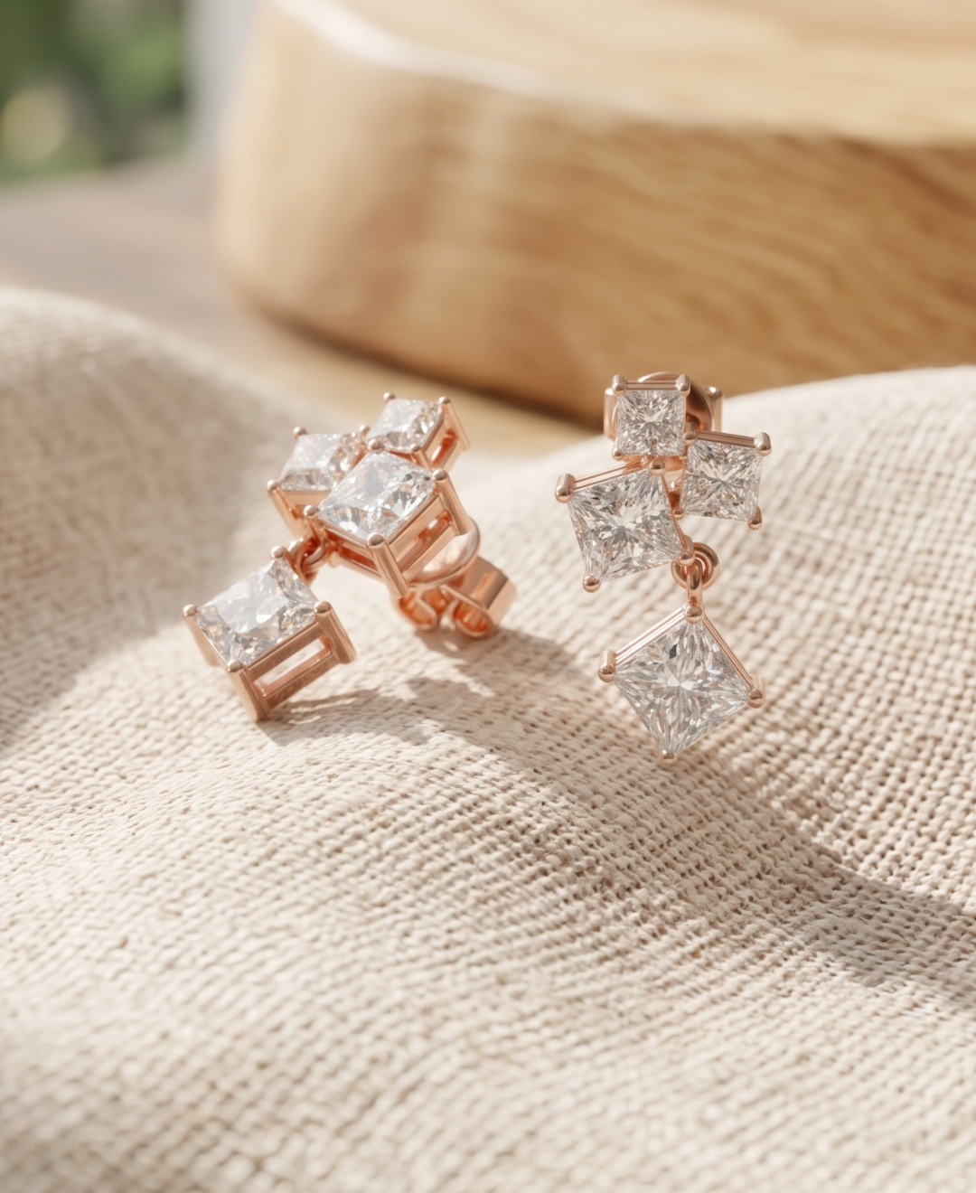 Side and back view of princess diamond drop earrings showing open galleries, posts, and push-back closures.