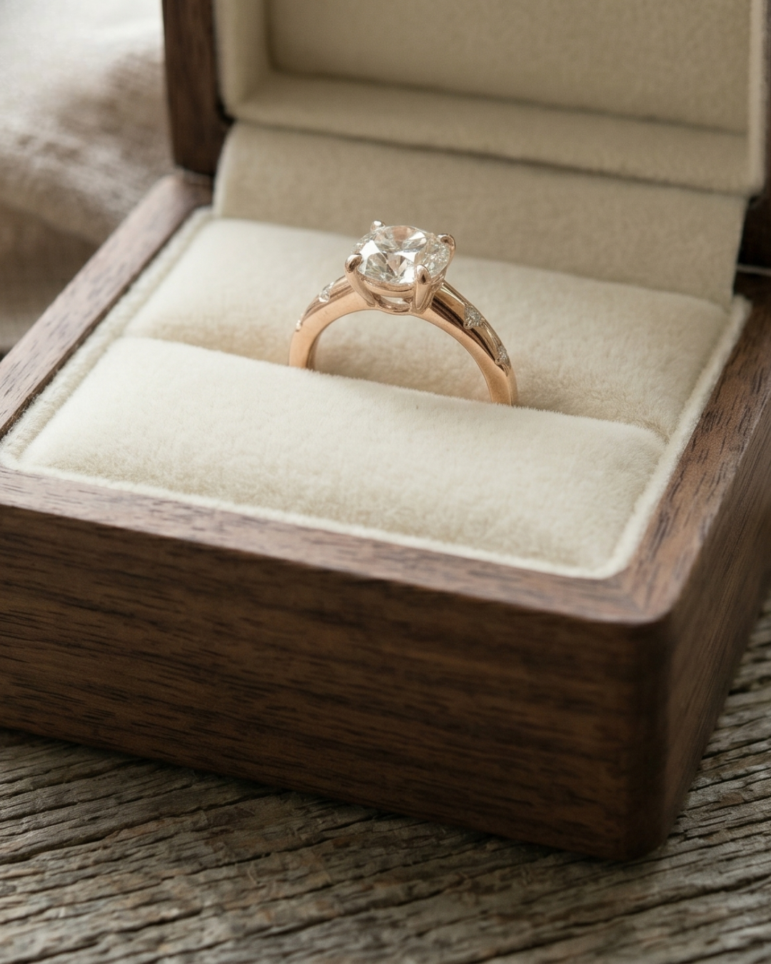 Ladies round lab-grown diamond engagement ring by Kiashaa Jewellery featuring minimal diamond shoulder accents.