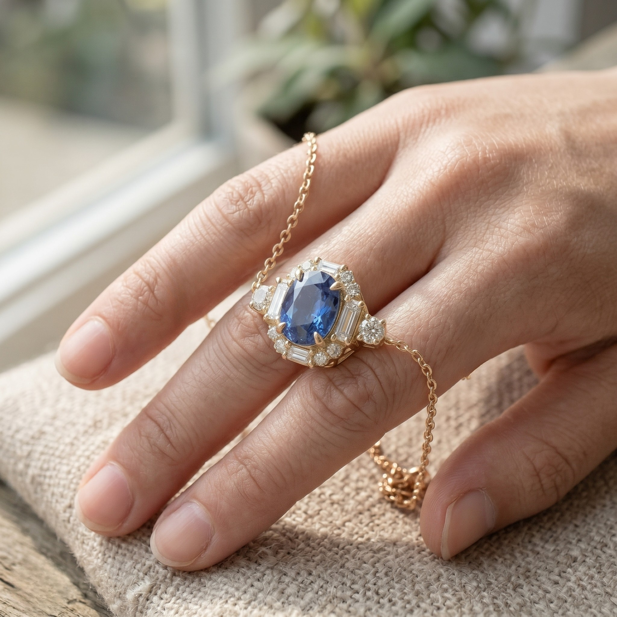 Blue oval gemstone halo bracelet with lab-grown diamonds by Kiashaa Jewellery.