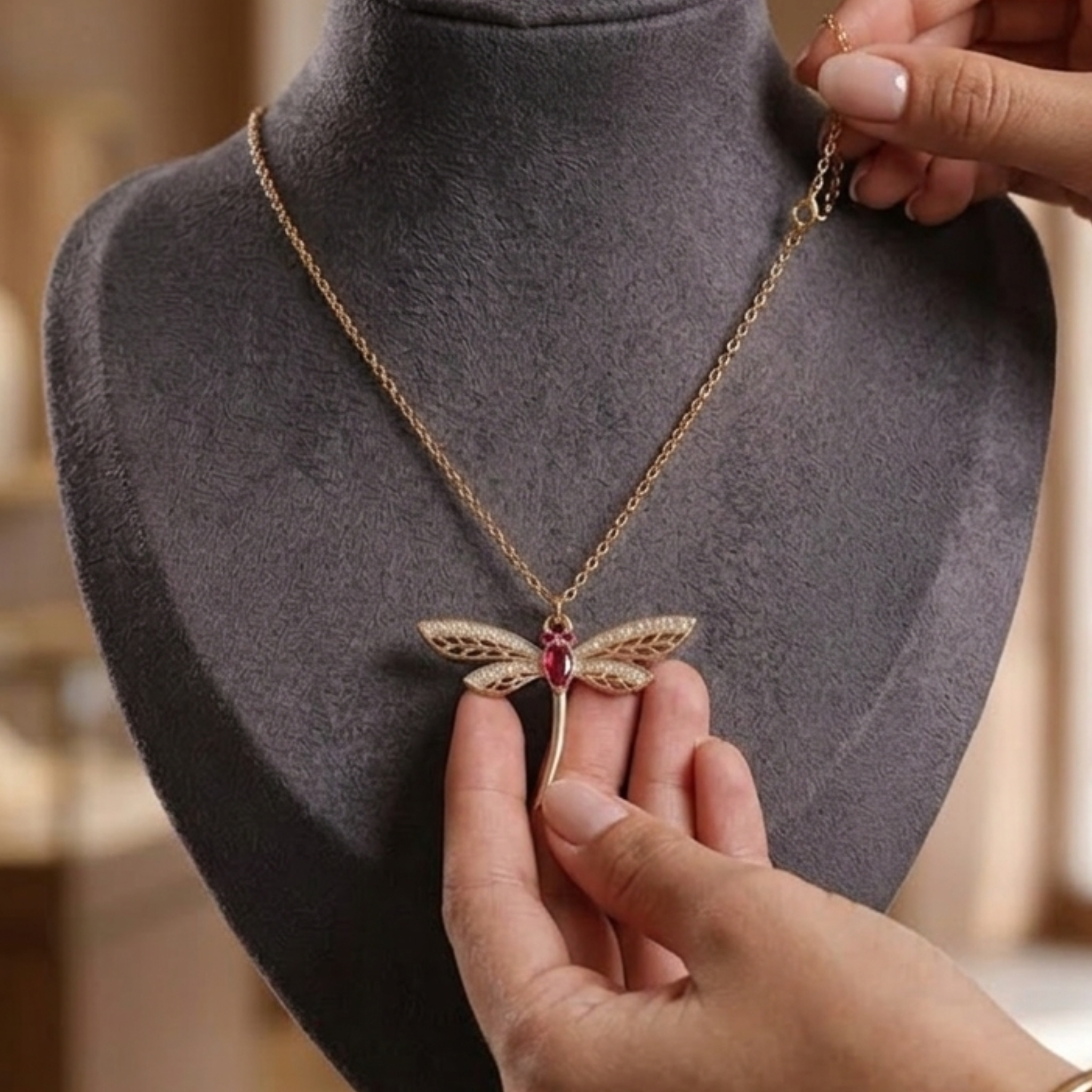 A gold dragonfly pendant necklace with a small red gemstone at its center, displayed on a dark gray velvet jewelry bust. A hand is holding the pendant, and another hand is adjusting the chain near the clasp, with a softly blurred indoor background.