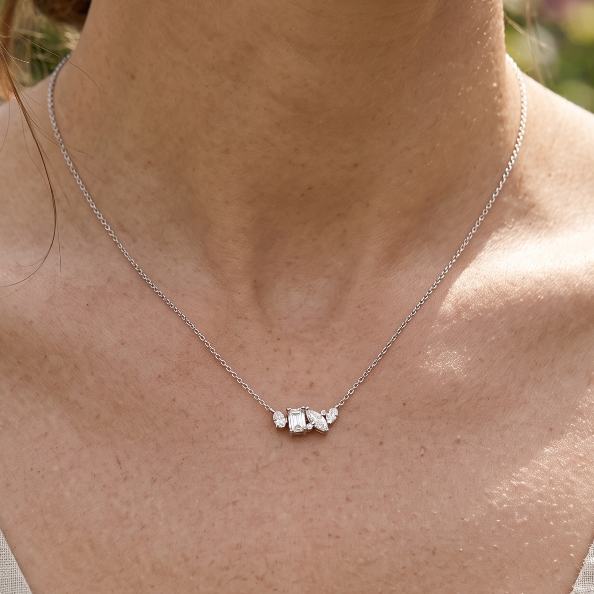 Kiashaa Jewellery 2.25 CTW multi-shape diamond cluster necklace in polished yellow gold.