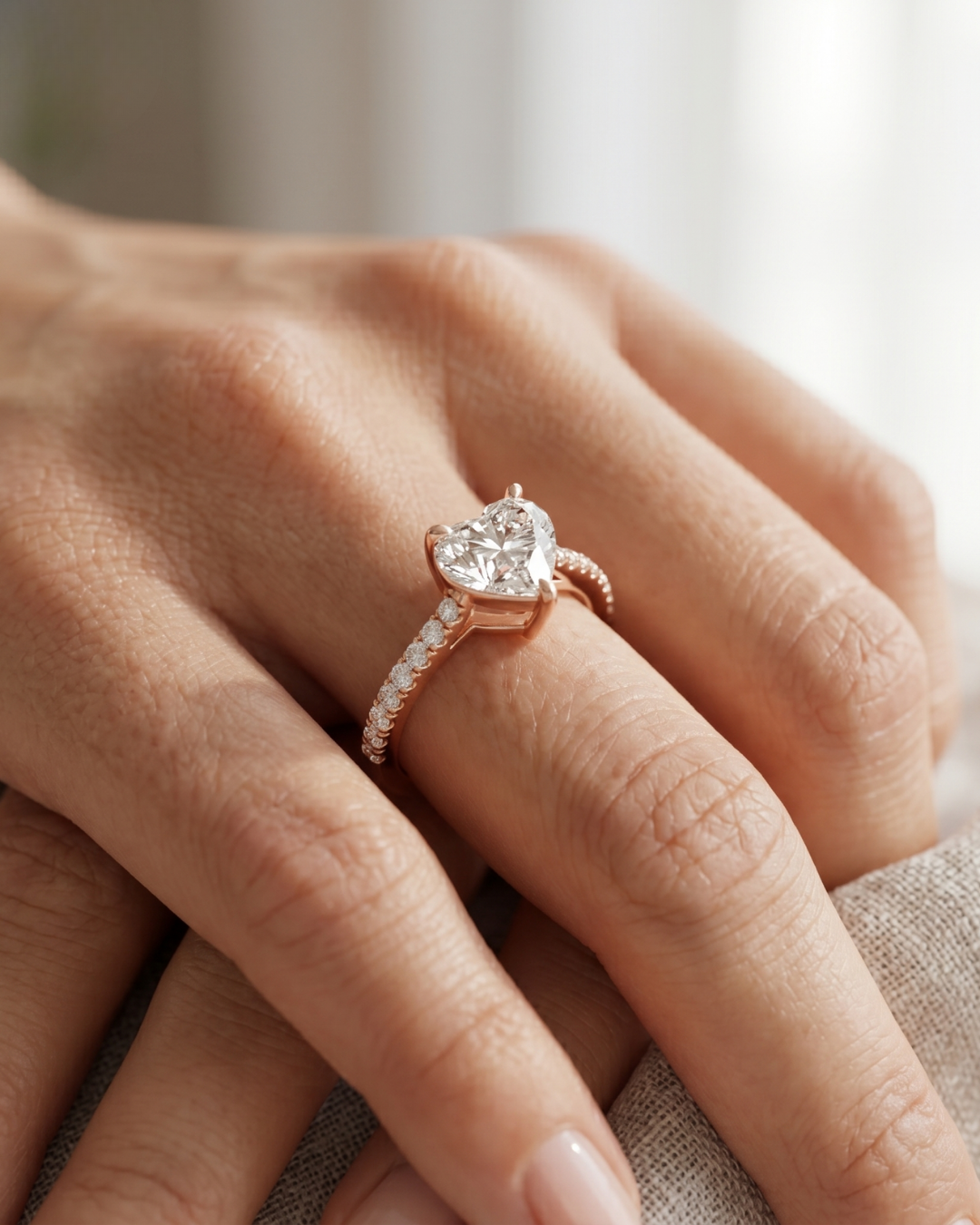 Elegant ladies heart-cut lab-grown diamond ring by Kiashaa Jewellery in rose gold with round side diamonds.