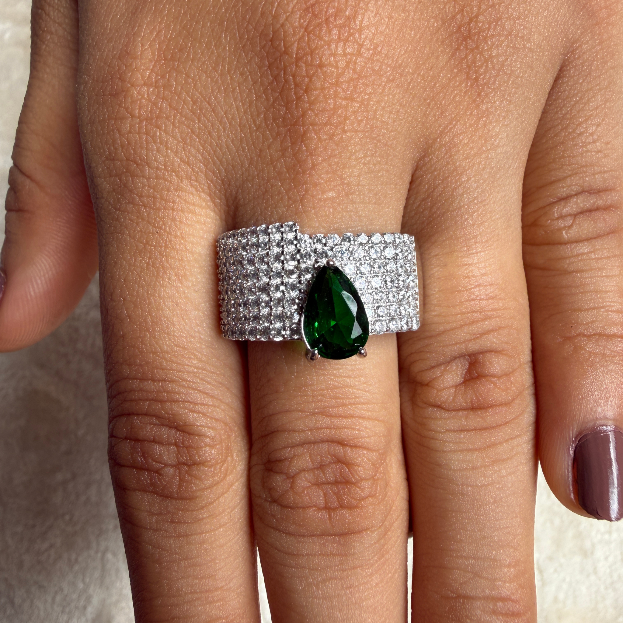 Green pear gemstone and pavé lab-grown diamond statement ring by Kiashaa Jewellery.